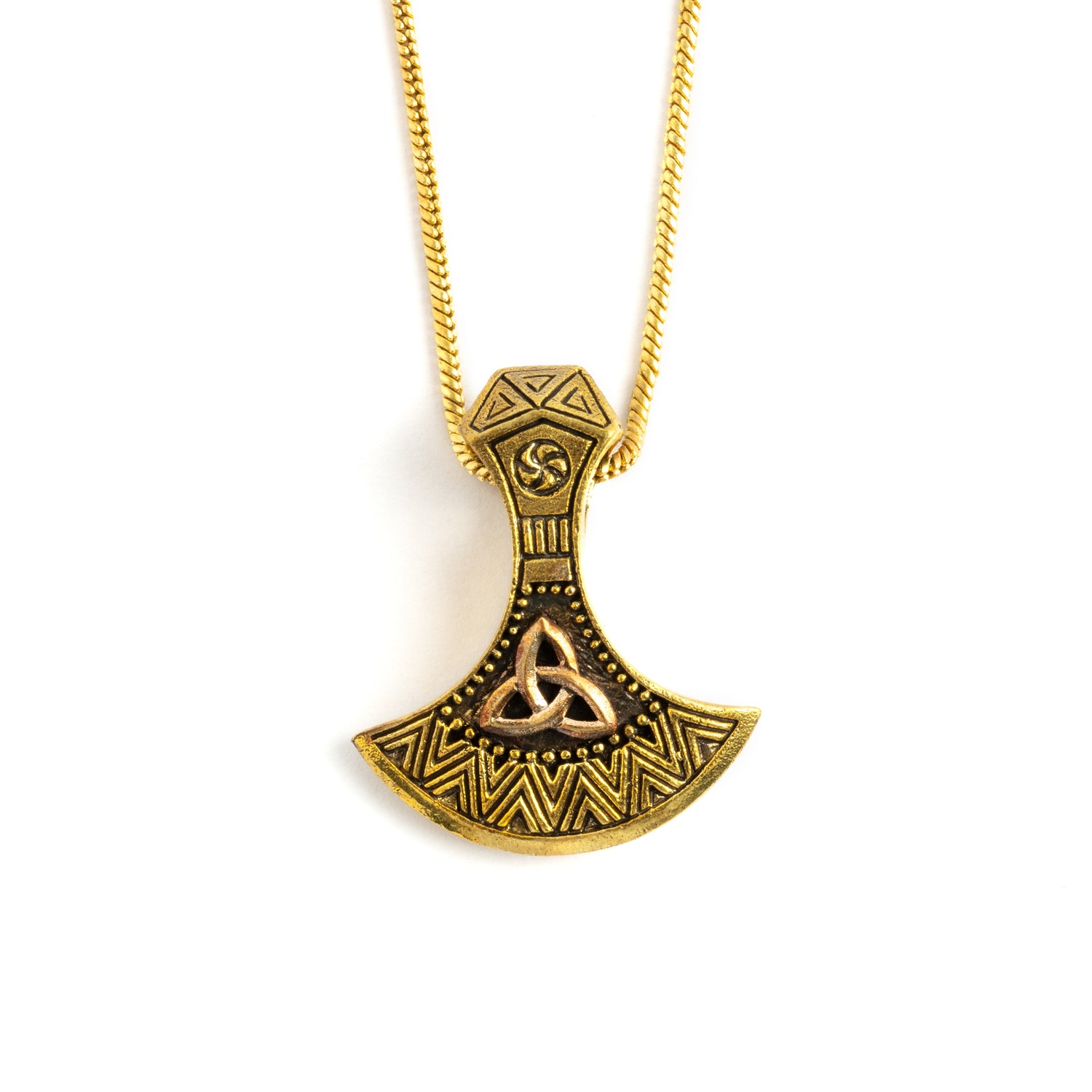 Great Celtic pendant ornamented with the symbol of eternal spiritual life- The trinity knot, a shape that forms by a continuous line that interweaves around itself, with no beginning and no end.   Material: Brass, Copper inlay Nickel, cadmium and lead free. Dimensions : H 35mm , W 30mm Comes on adjustable cotton string or 24&quot; brass chain.