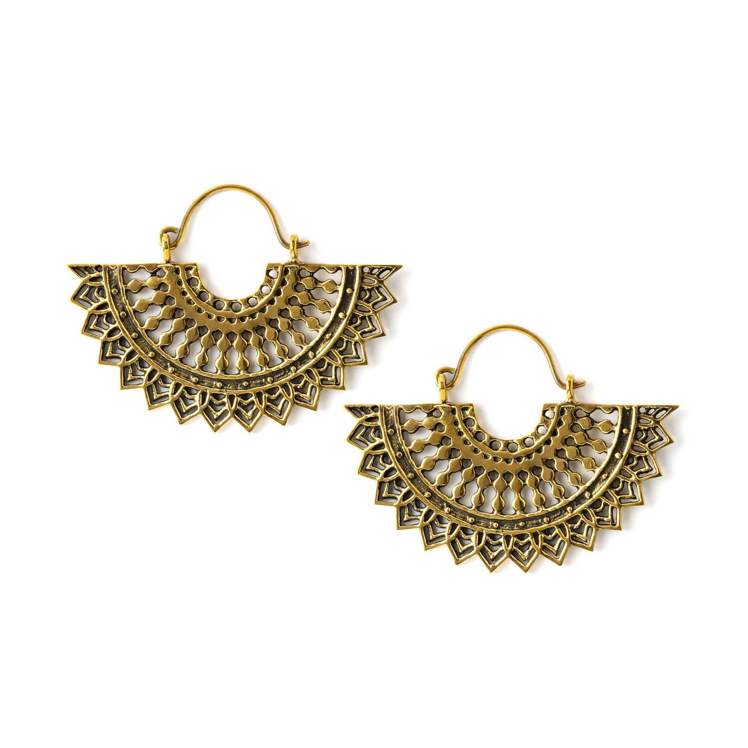 pair of golden brass fan shaped earrings frontal view