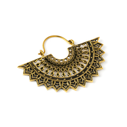 single golden brass fan shaped earring right side view