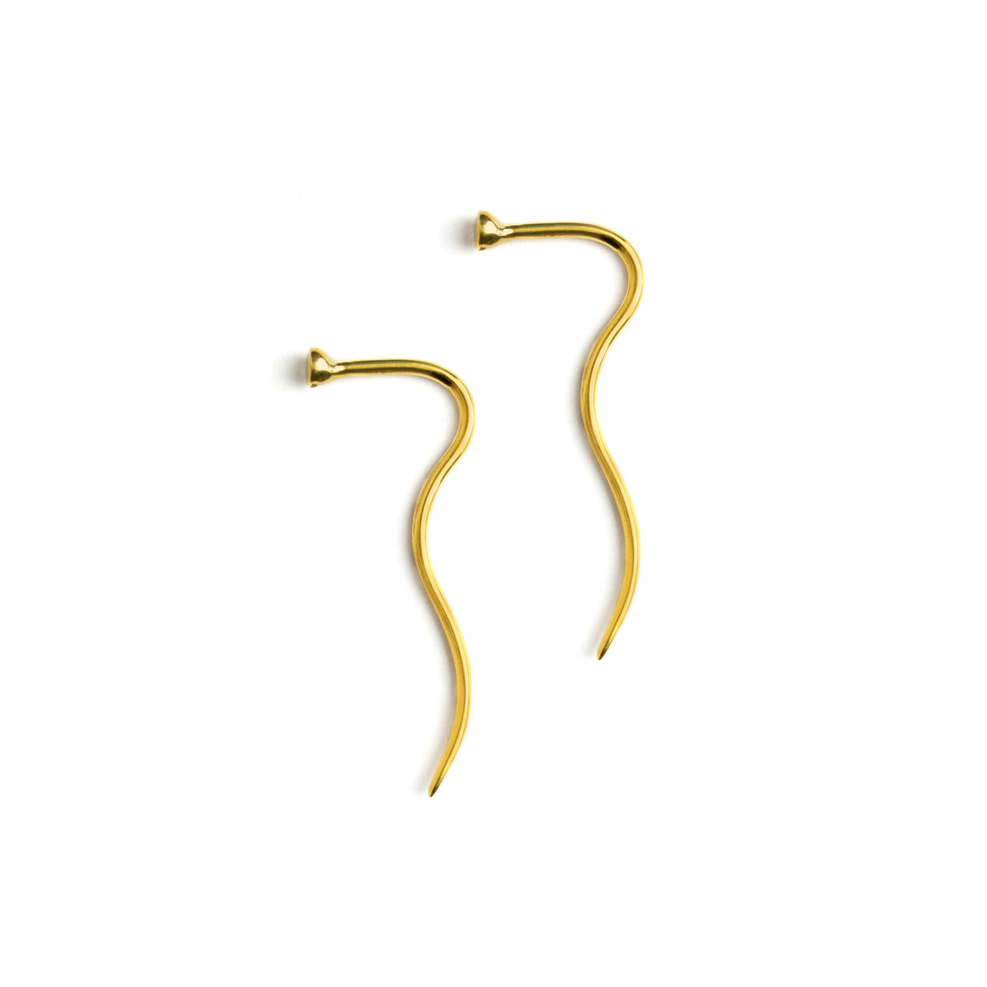 pair of golden brass wire serpentine long tailed earrings side view