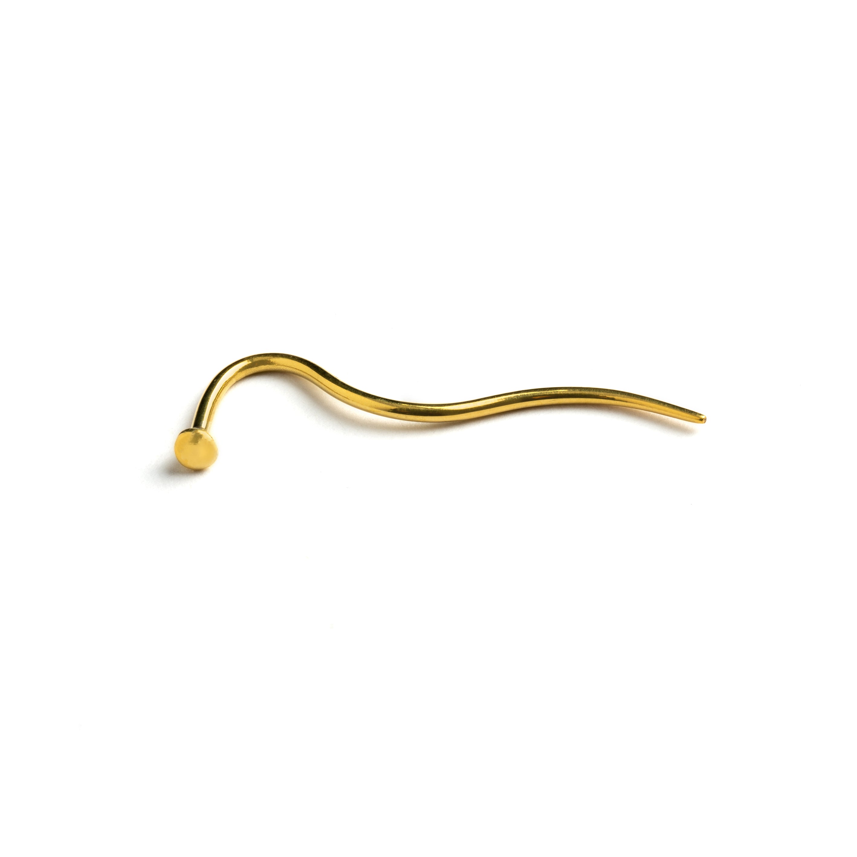 single golden brass wire serpentine long tailed earring front view