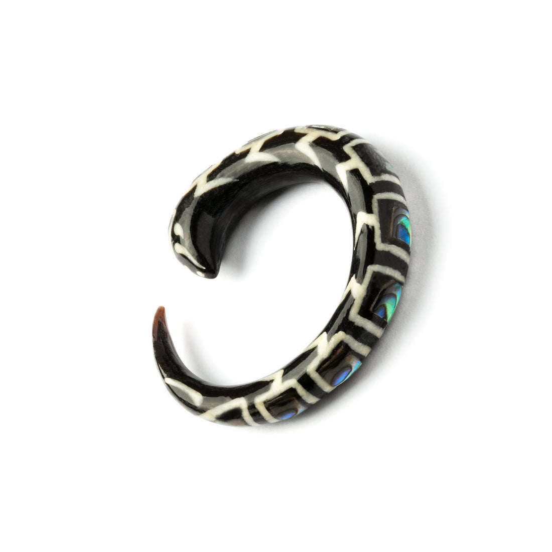 single horn ear stretcher with abalone shell inlay, curved hook shaped right side view