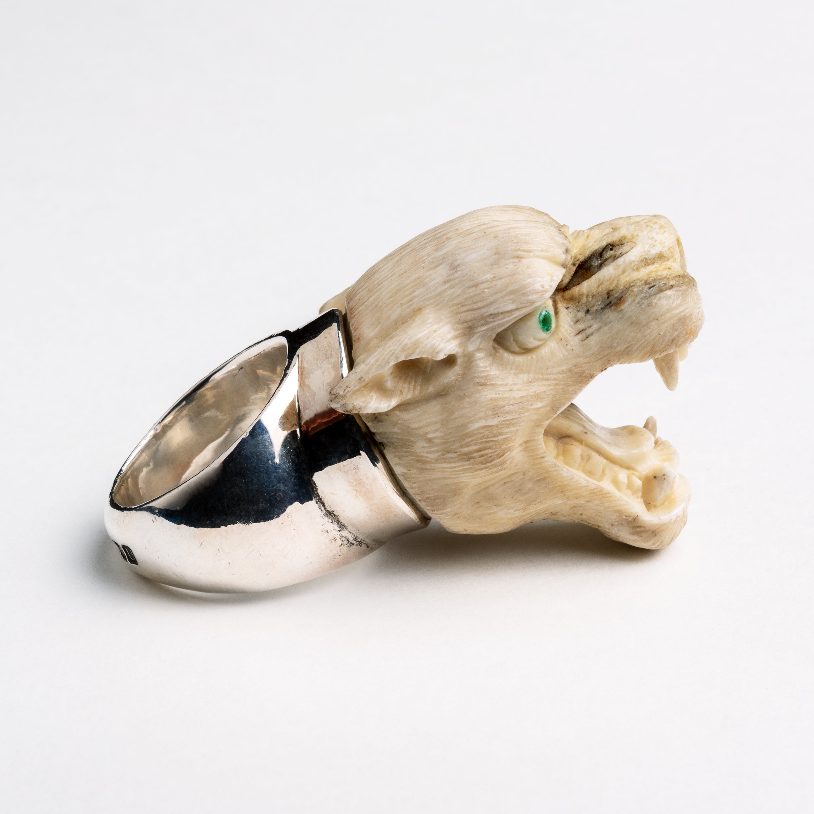 Carved tiger head silver ring