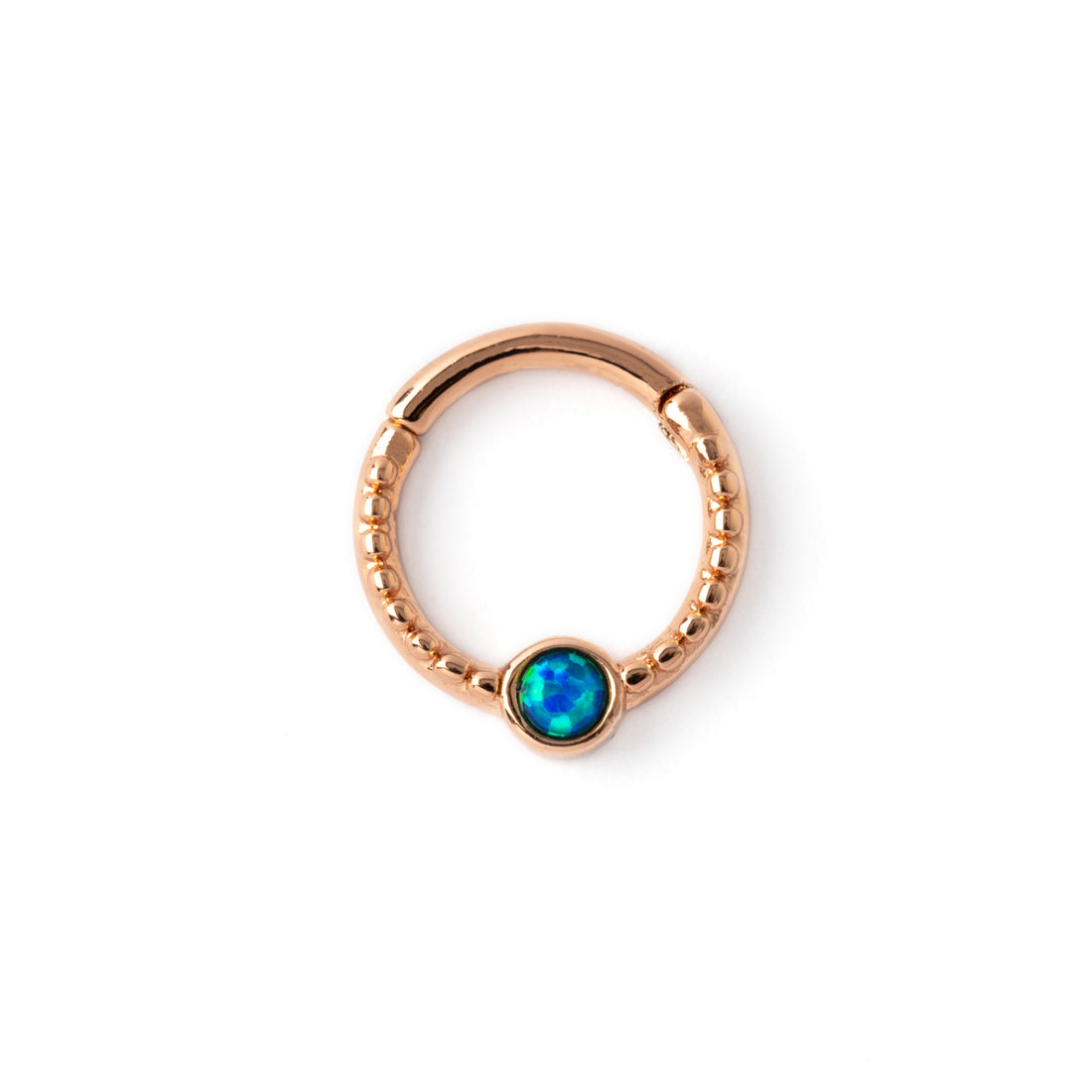 Rose gold Dayaa septum clicker with blue Opal frontal view