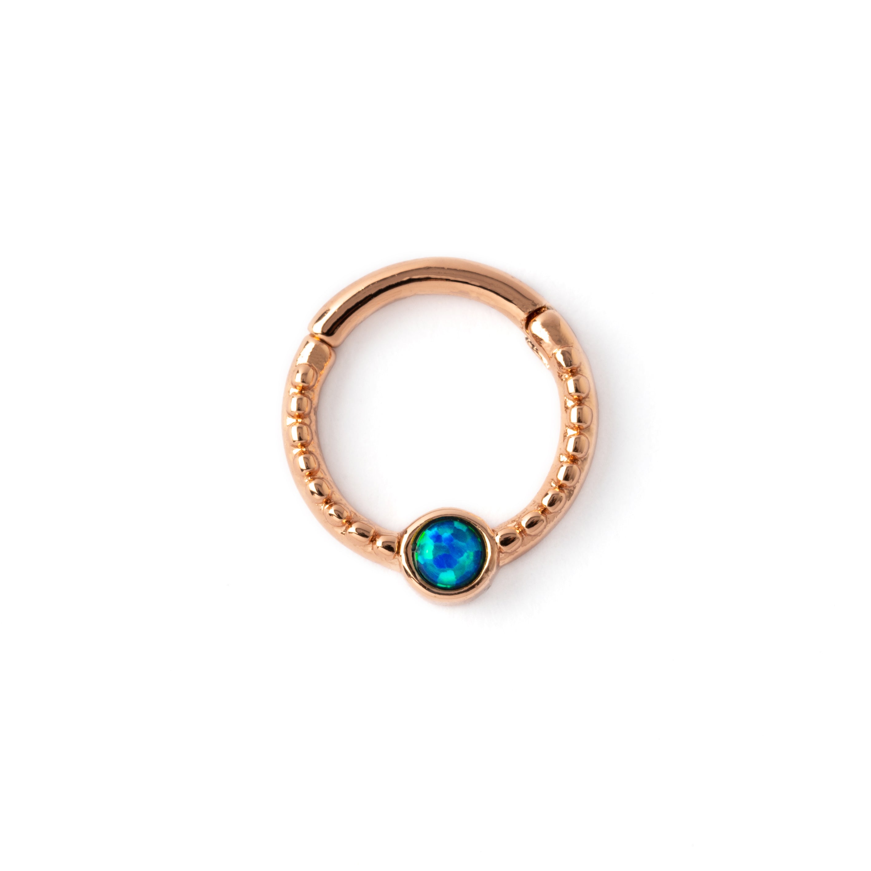Rose gold Dayaa septum clicker with blue Opal frontal view