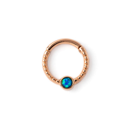 Rose gold Dayaa septum clicker with blue Opal frontal view