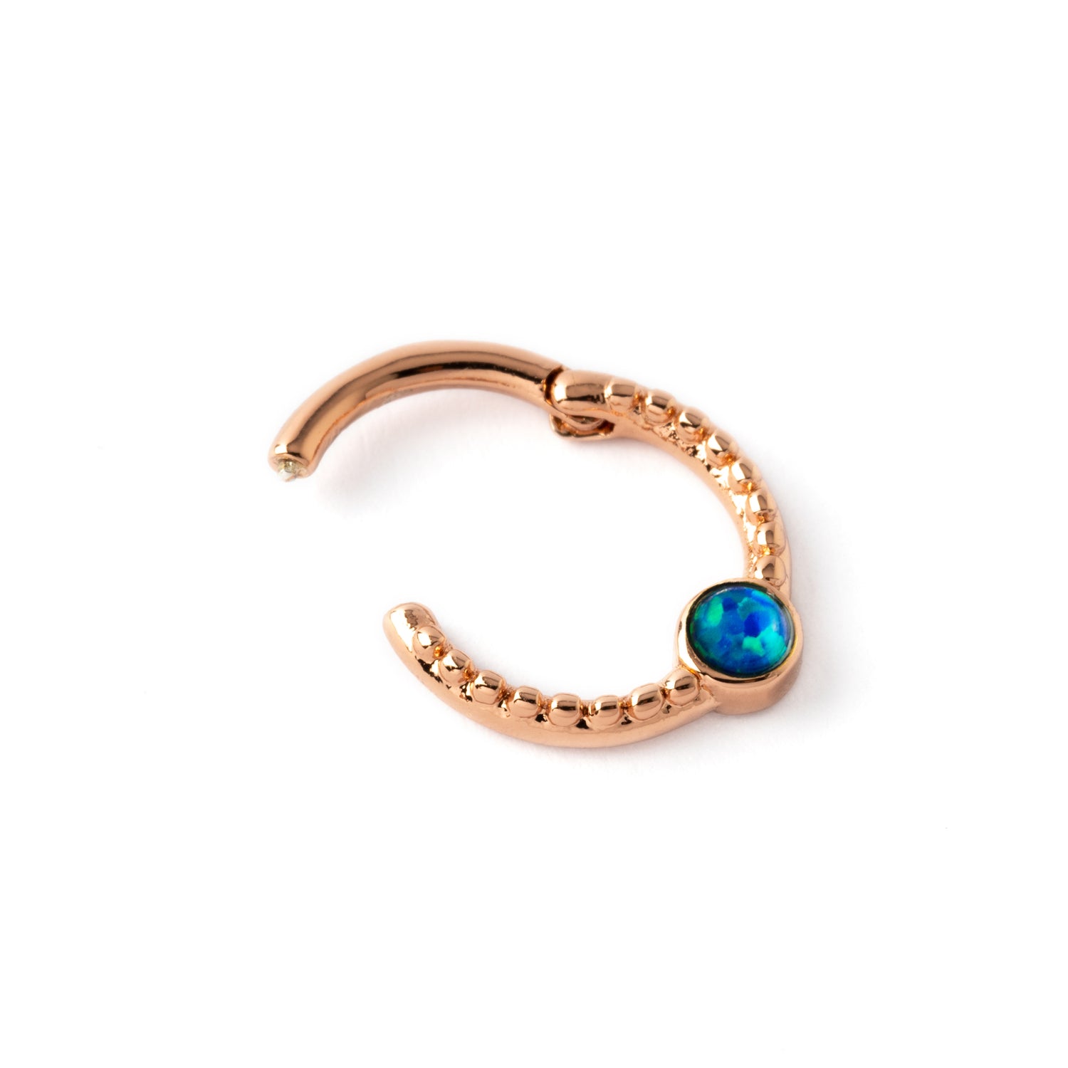 Rose gold Dayaa septum clicker with blue Opal hinged segment view