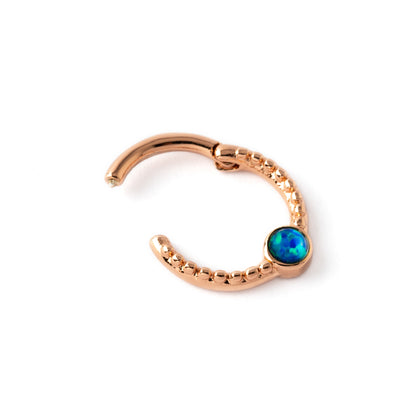Rose gold Dayaa septum clicker with blue Opal hinged segment view