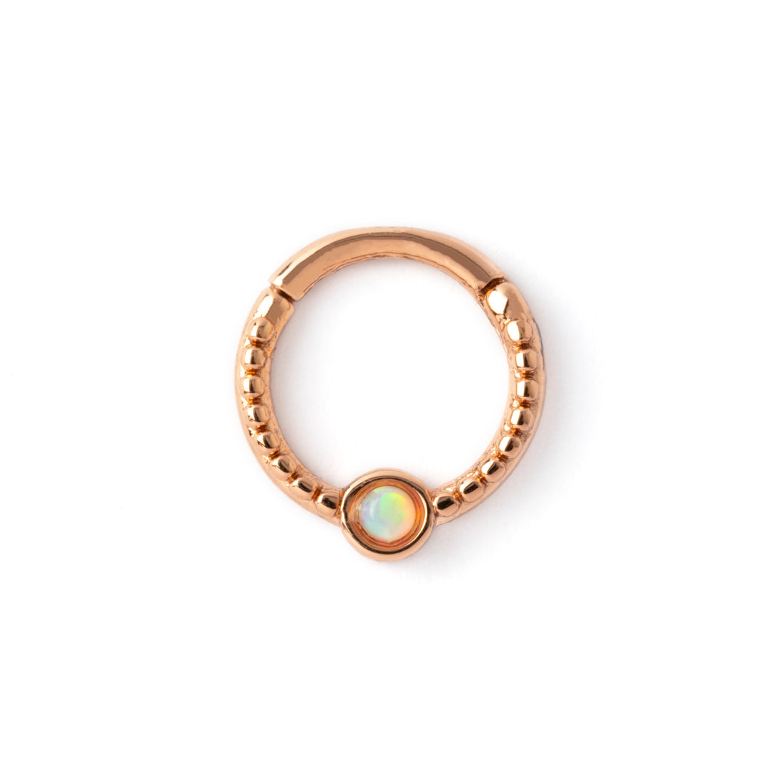 Dayaa rose gold surgical steel septum clicker with white opal frontal view