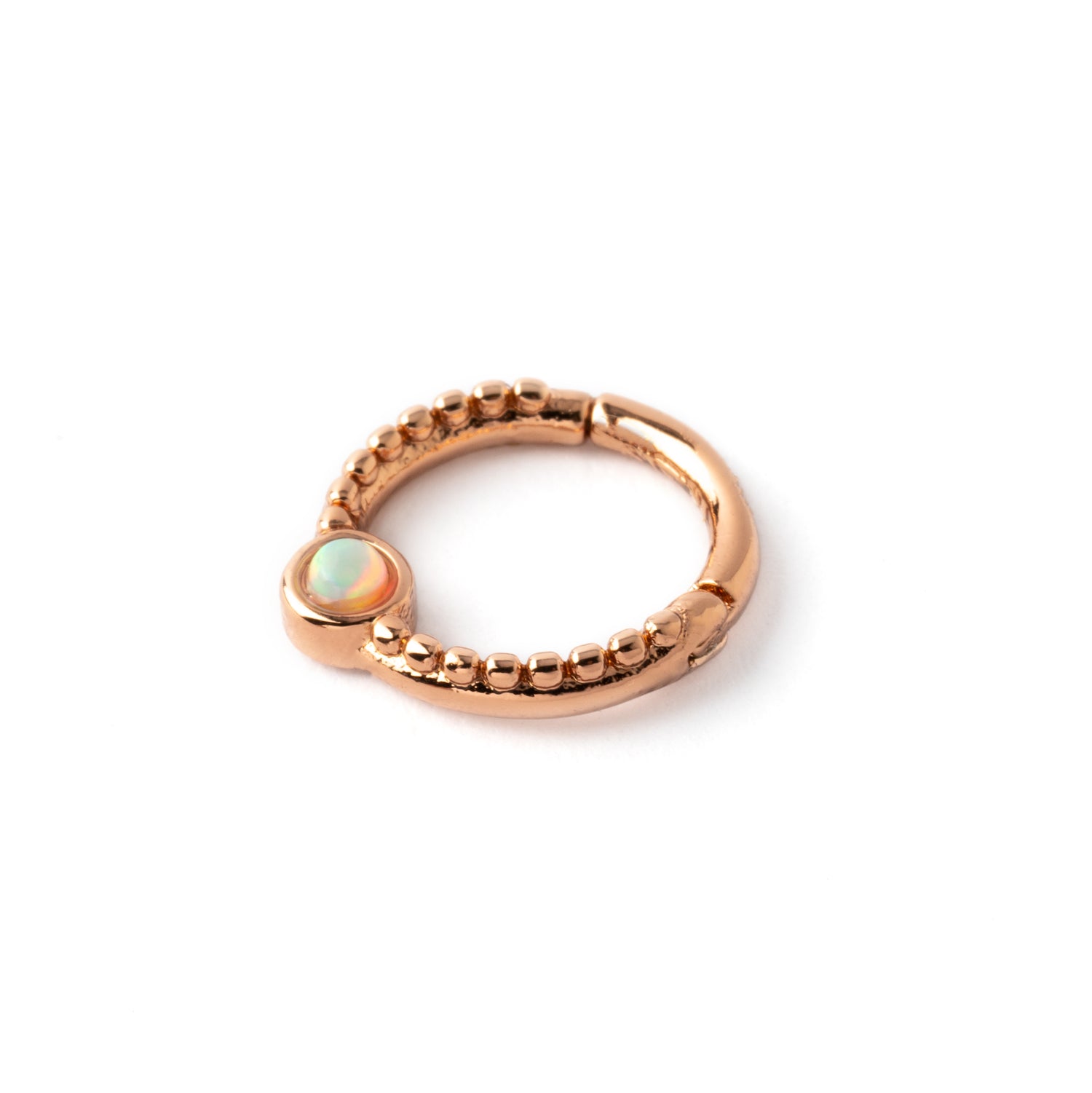 Dayaa rose gold surgical steel septum clicker with white opal side view