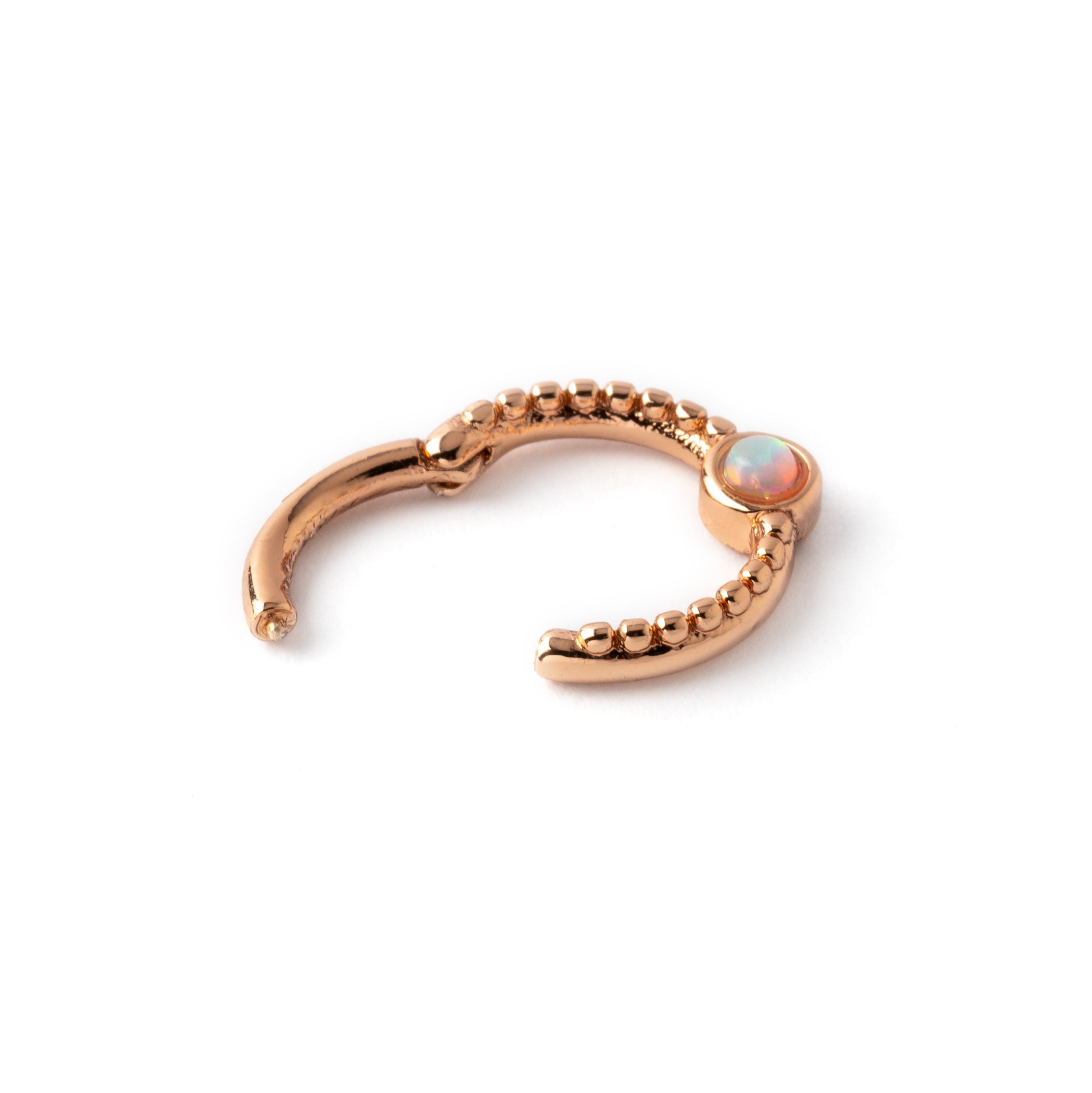 Dayaa rose gold surgical steel septum clicker with white opal closure view