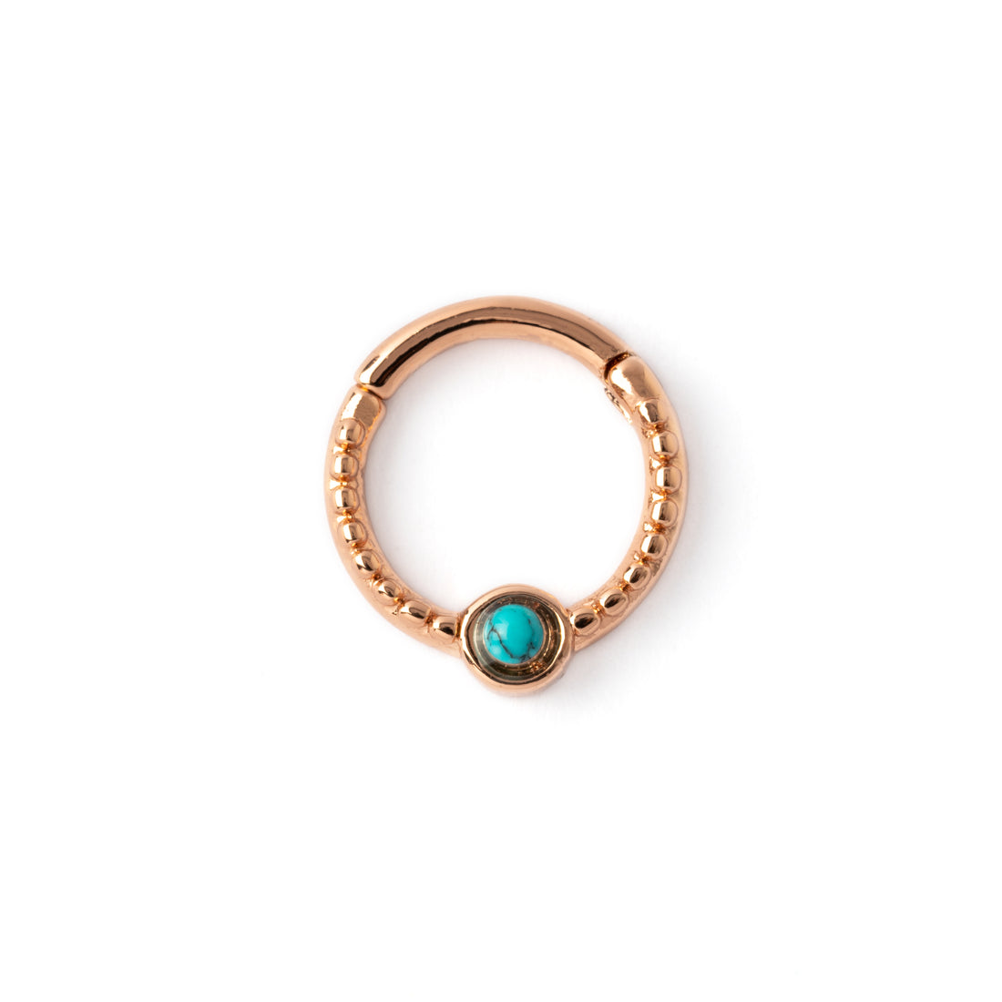 Dayaa rose gold surgical steel septum clicker with turquoise frontal view