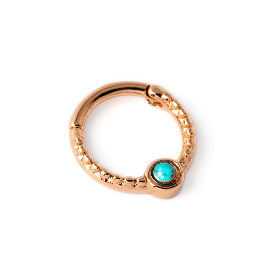 Dayaa rose gold surgical steel septum clicker with turquoise right side view