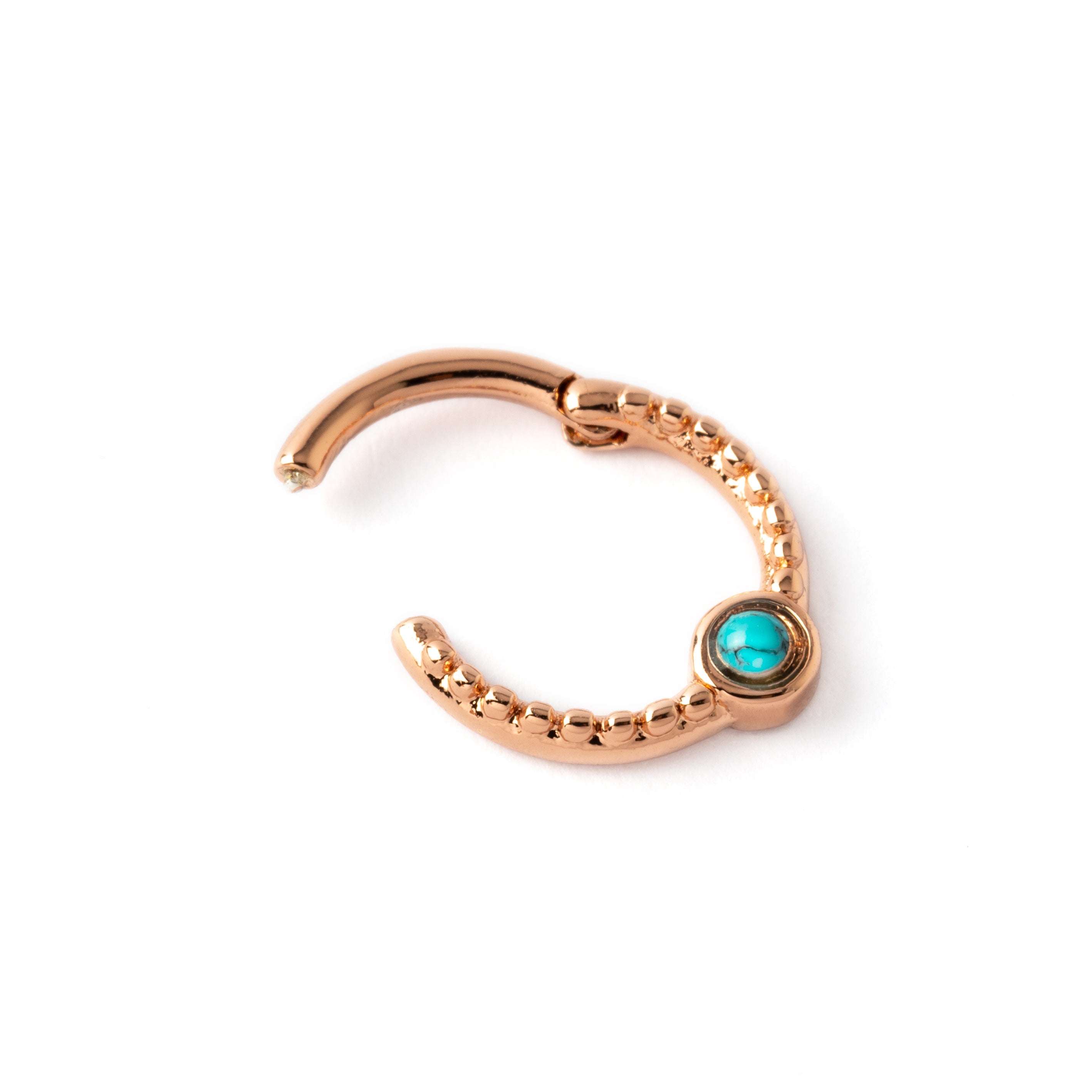 Dayaa rose gold surgical steel septum clicker with turquoise closure view