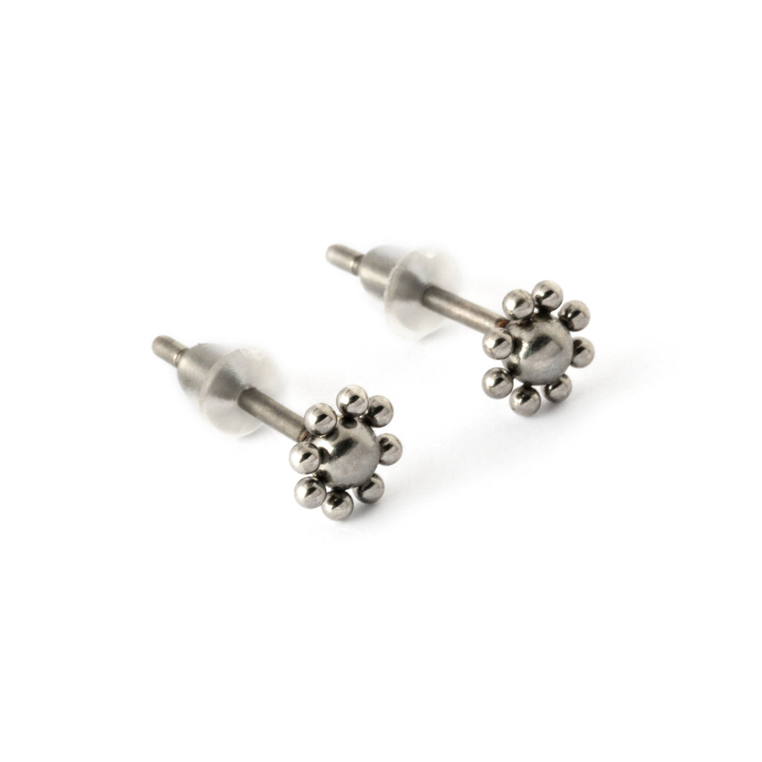 pair of surgical steel flower stud earrings front right view