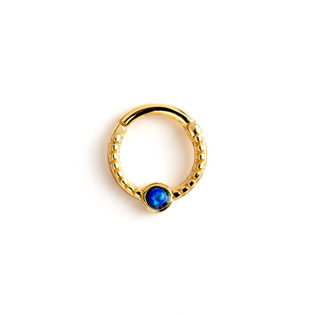 Dayaa gold surgical steel septum clicker with blue opal frontal view