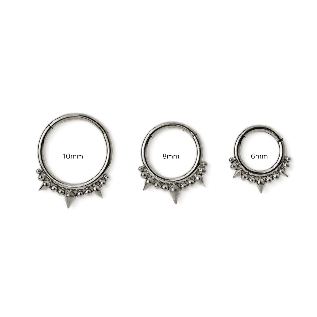 6mm, 8mm, 10mm Debra surgical steel septum clicker rings frontal view