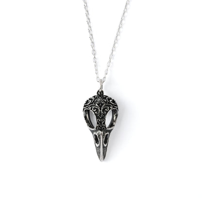 Victorian Raven Skull Silver Charm Necklace frontal view