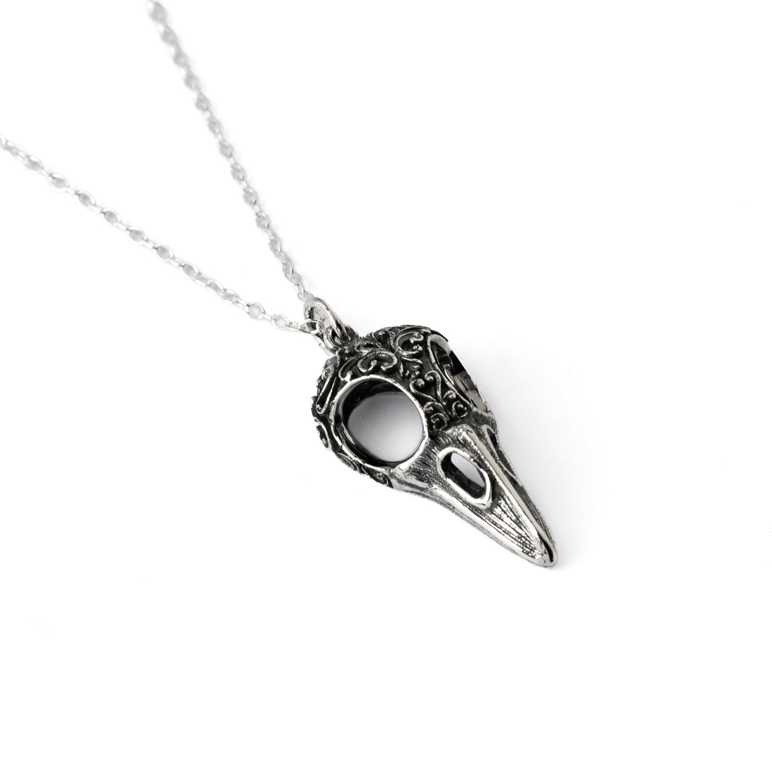 Victorian Raven Skull Silver Charm Necklace left side view