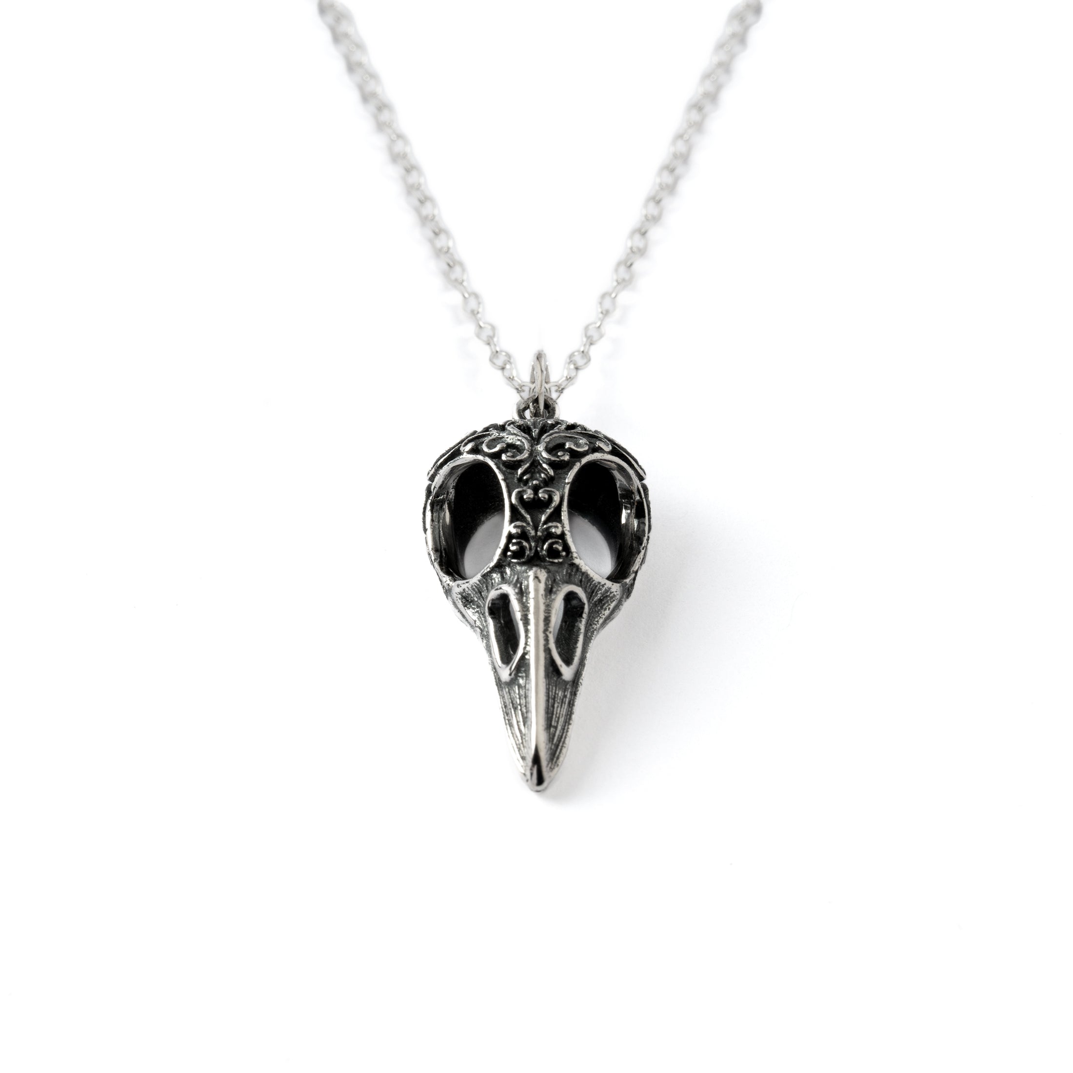 Victorian Raven Skull Silver Charm Necklace frontal view