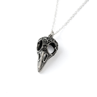 Victorian Raven Skull Silver Charm Necklace right side view
