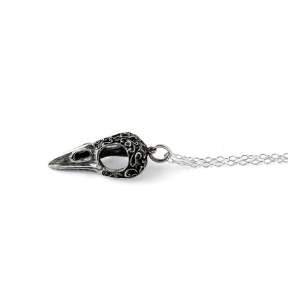 Victorian Raven Skull Silver Charm Necklace side view