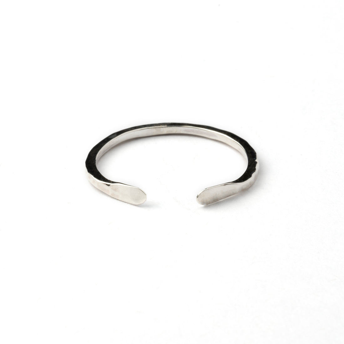 Hammered silver thin adjustable open band ring frontal view