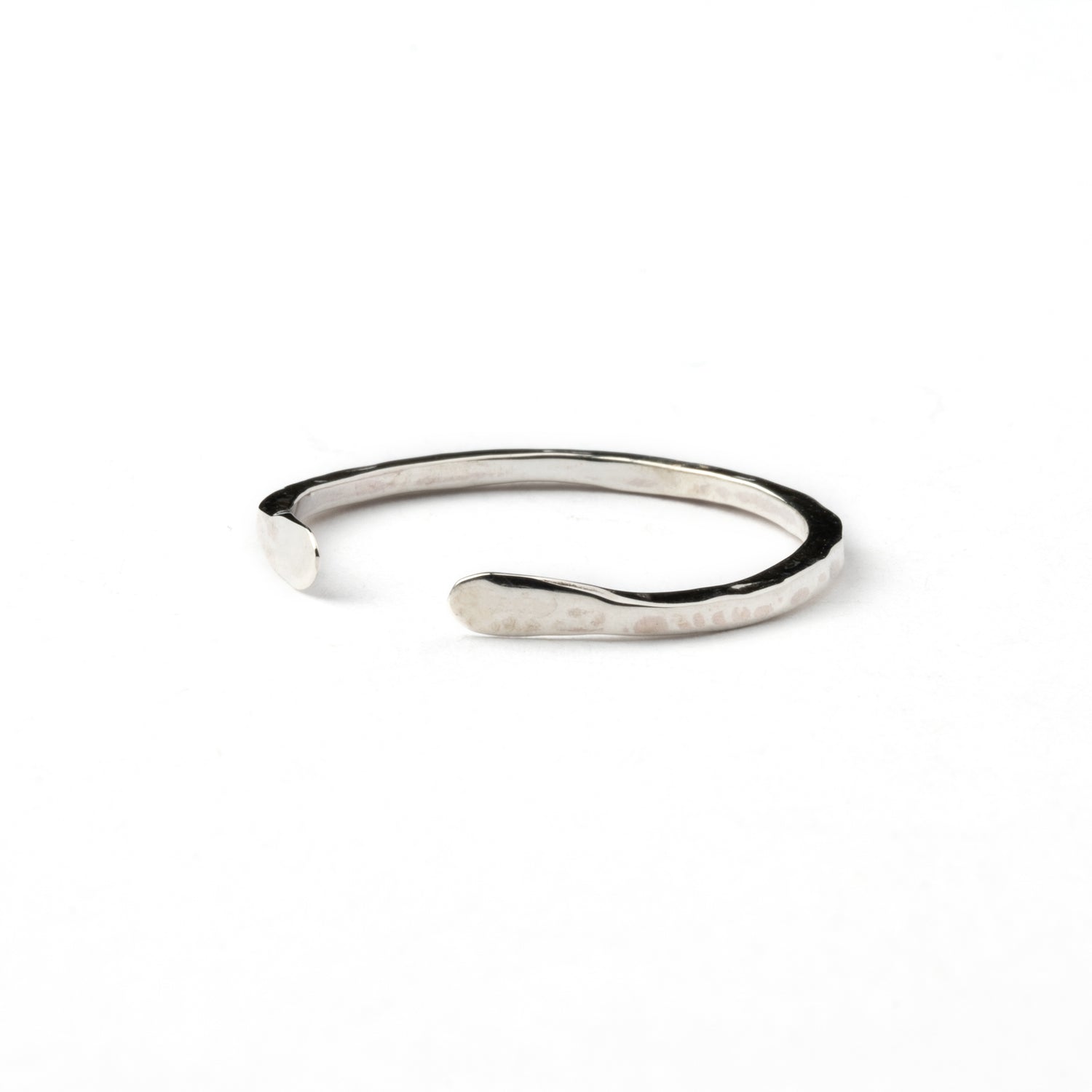 Hammered silver thin adjustable open band ring right side view