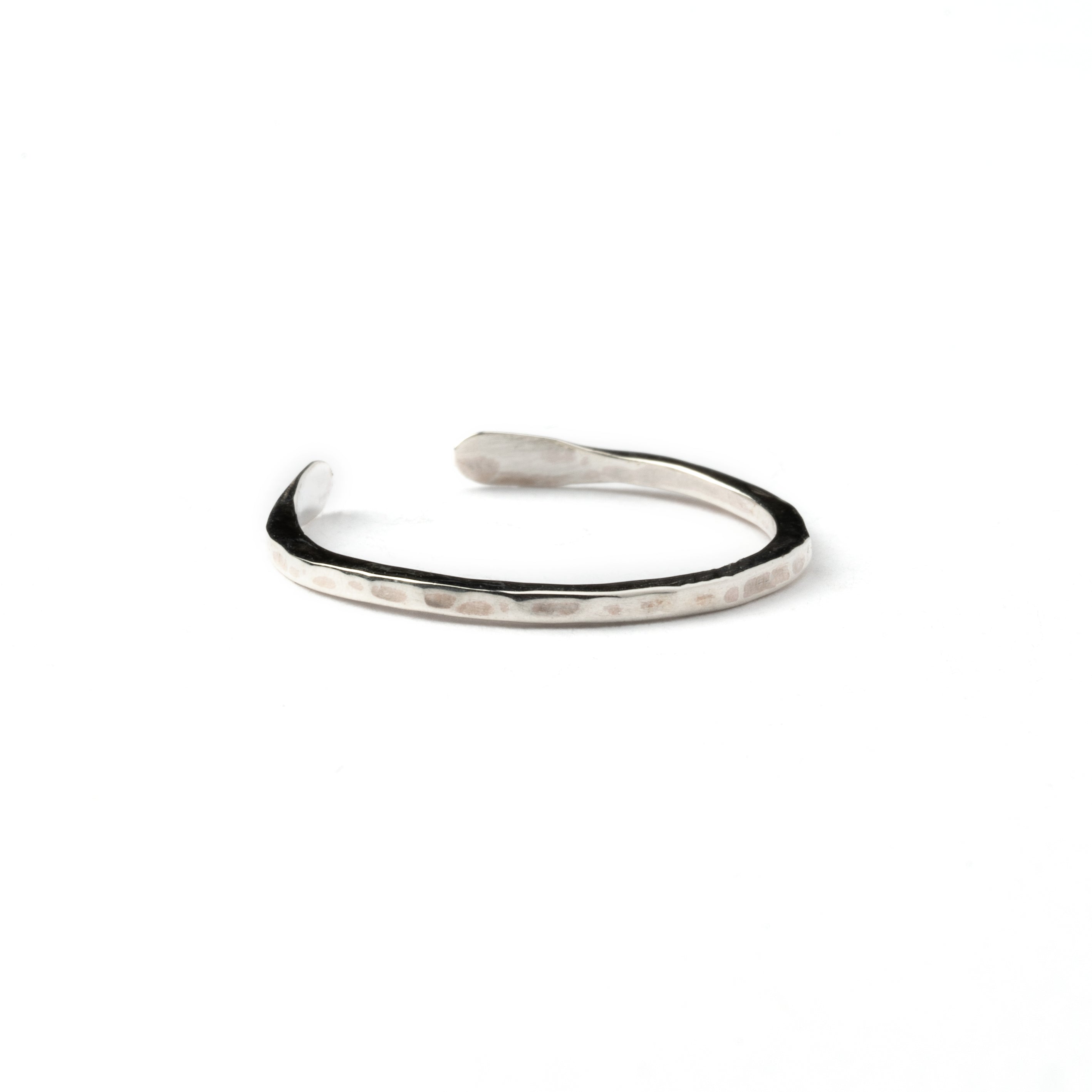 Hammered silver thin adjustable open band ring back side view