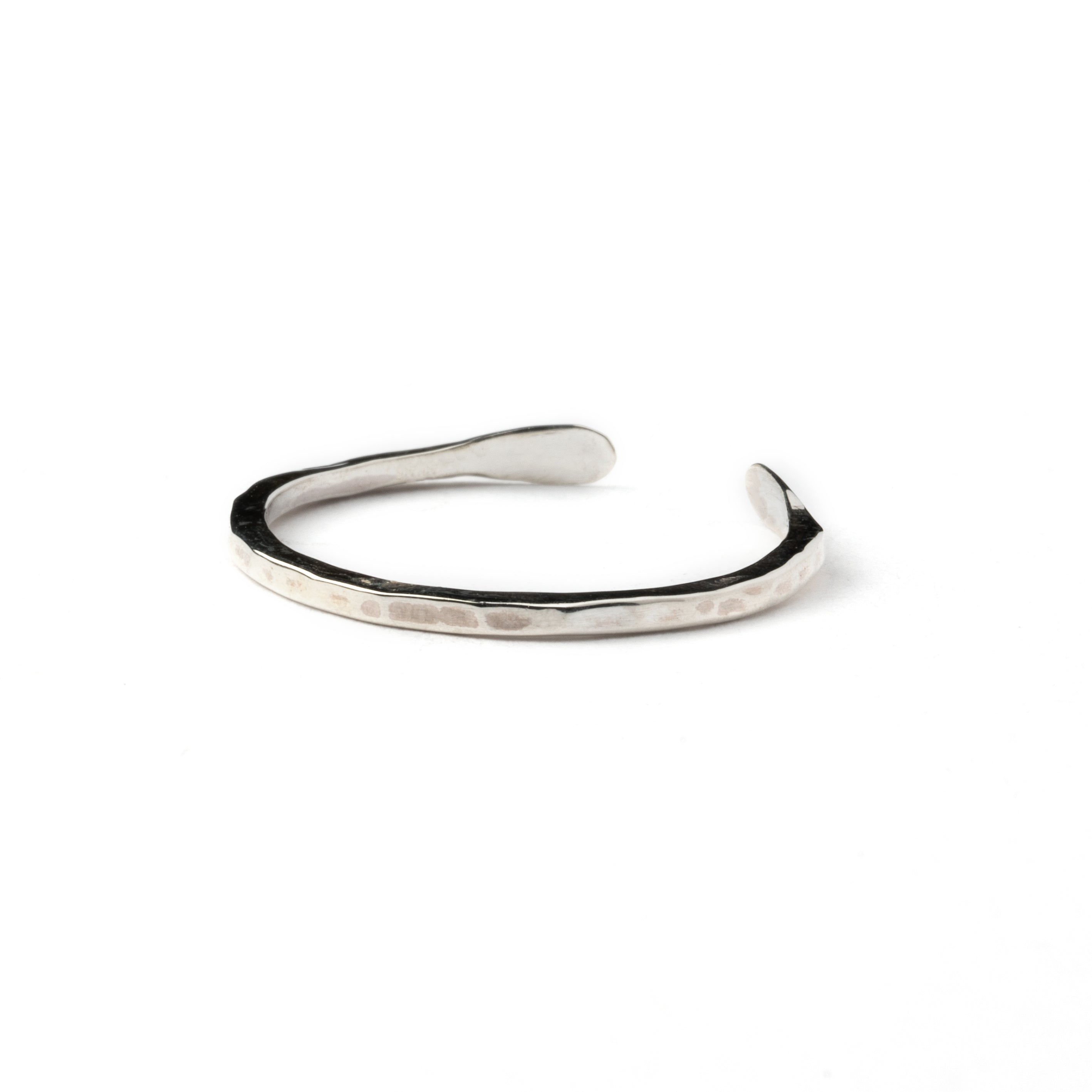 Hammered silver thin adjustable open band ring back side view