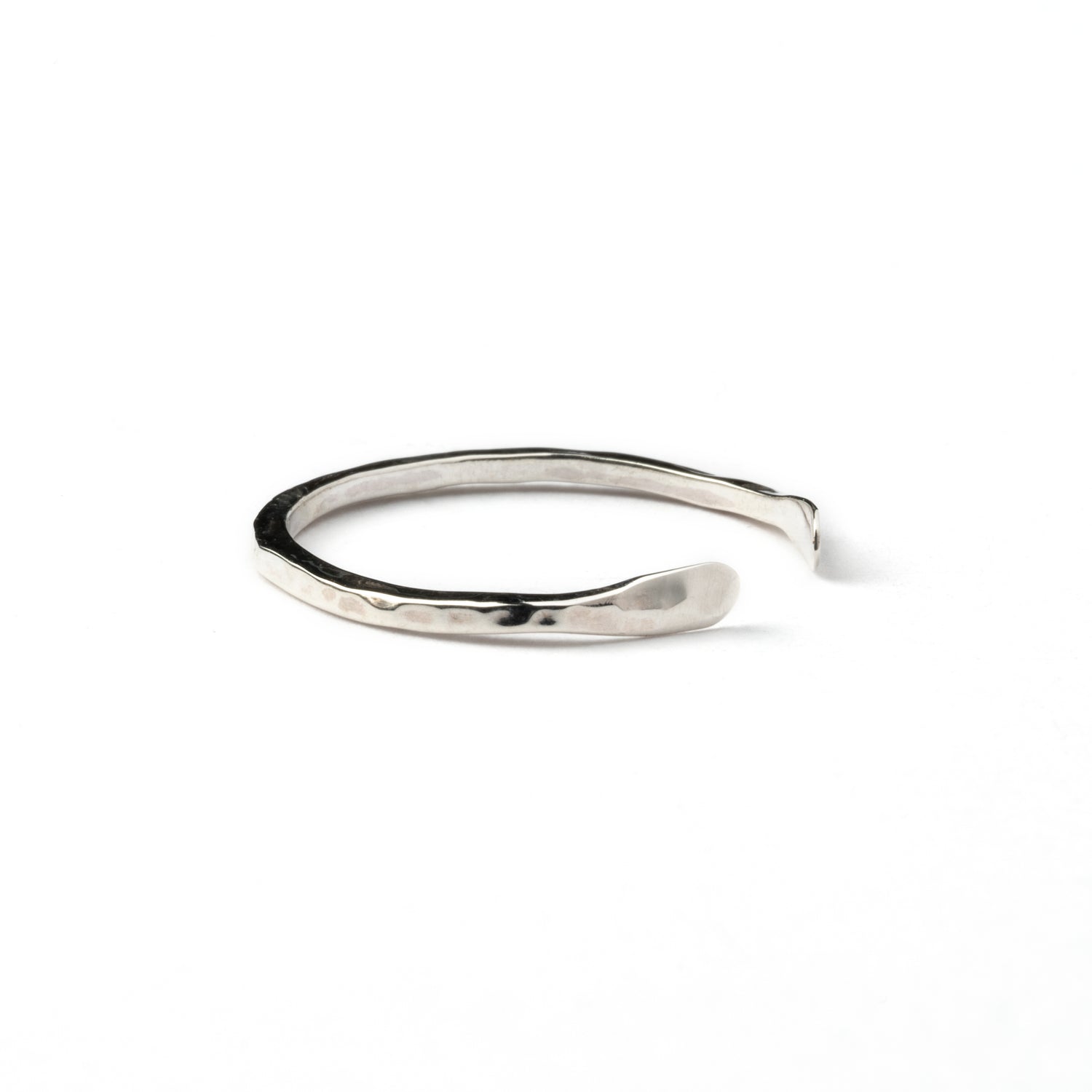 Hammered silver thin adjustable open band ring side view
