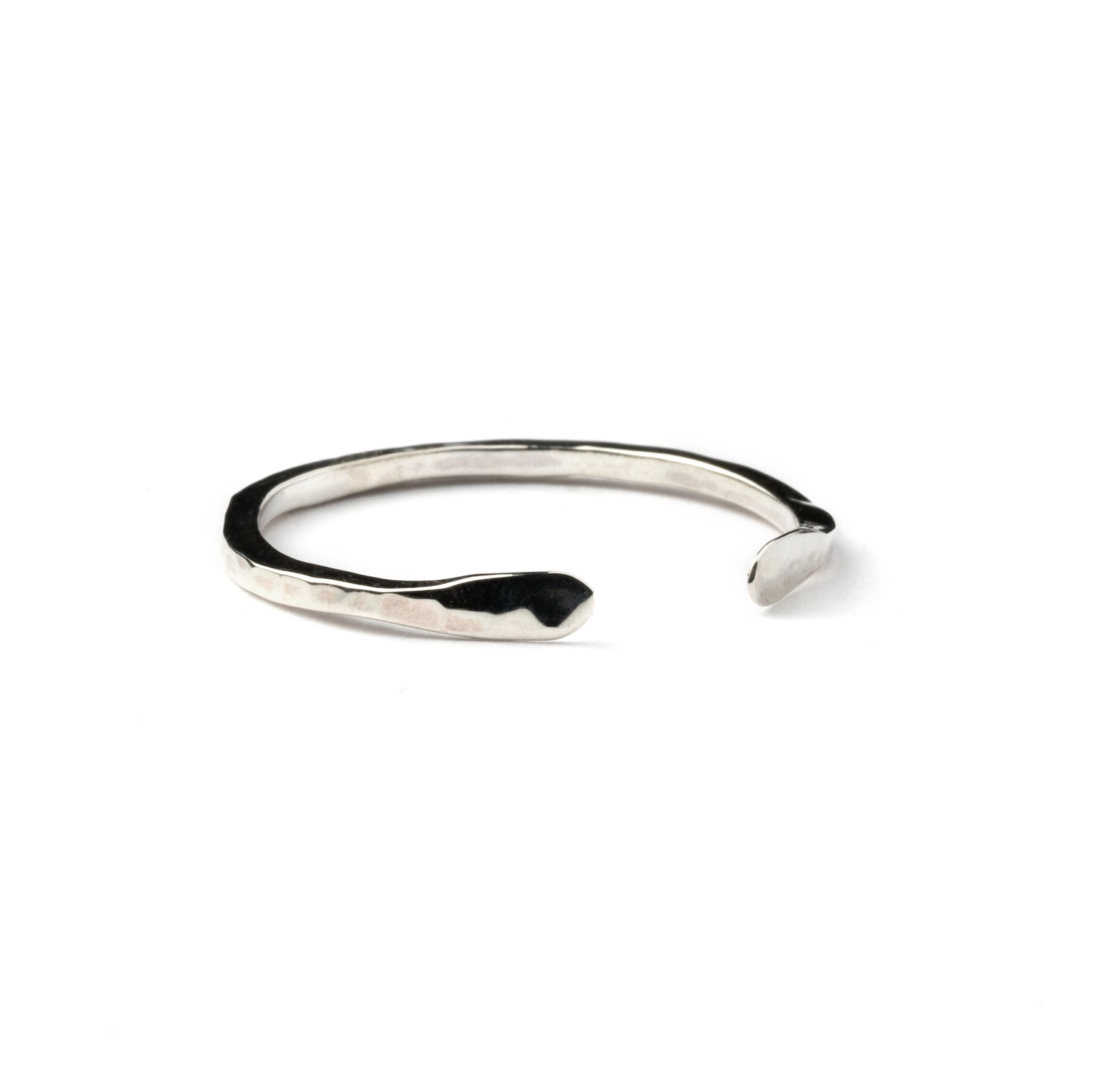 Hammered silver thin adjustable open band ring right side view