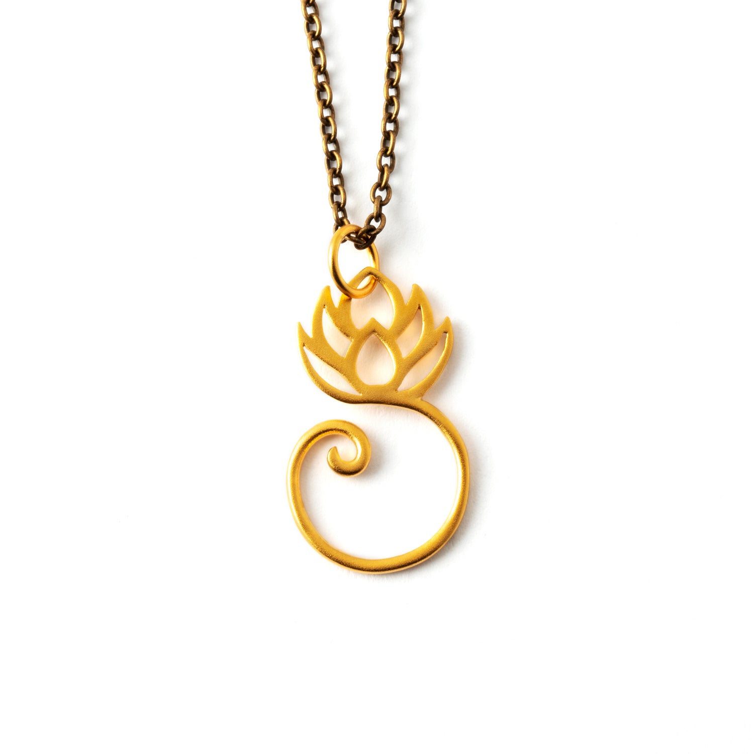 Spiralling Gold Lotus Charm necklace frontal view