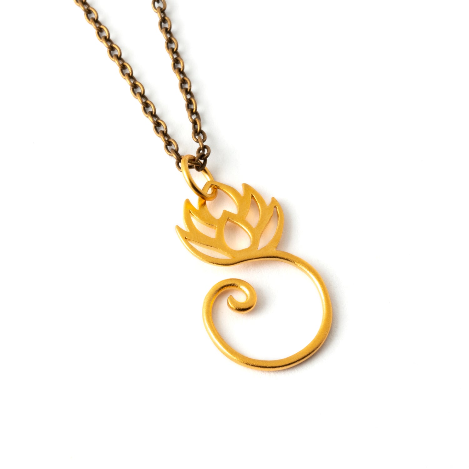 Spiralling Gold Lotus Charm necklace left side view
