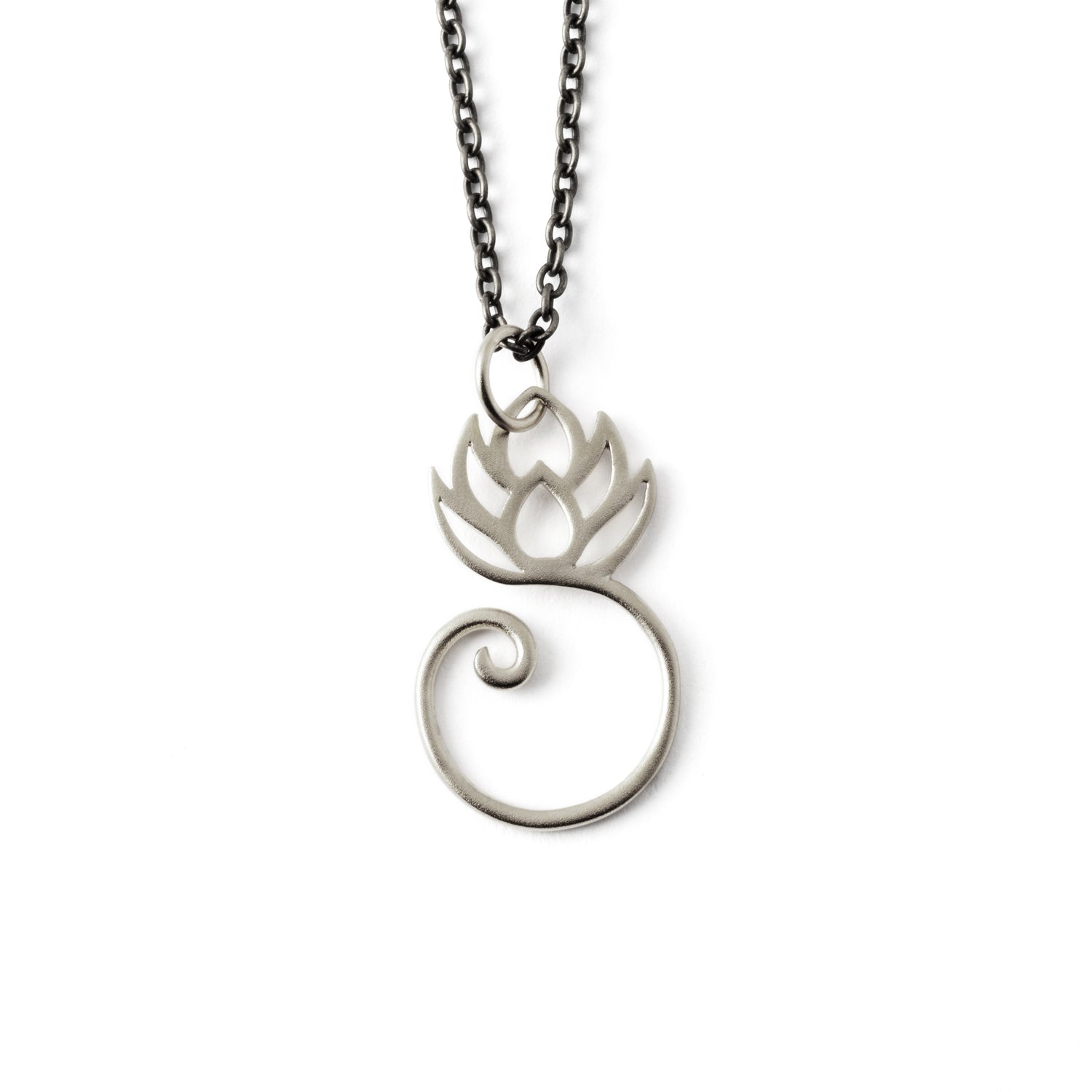 Spiralling Silver Lotus Charm necklace frontal view