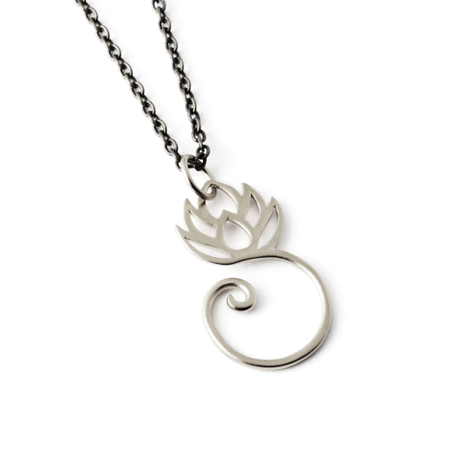 Spiralling Silver Lotus Charm necklace left side view