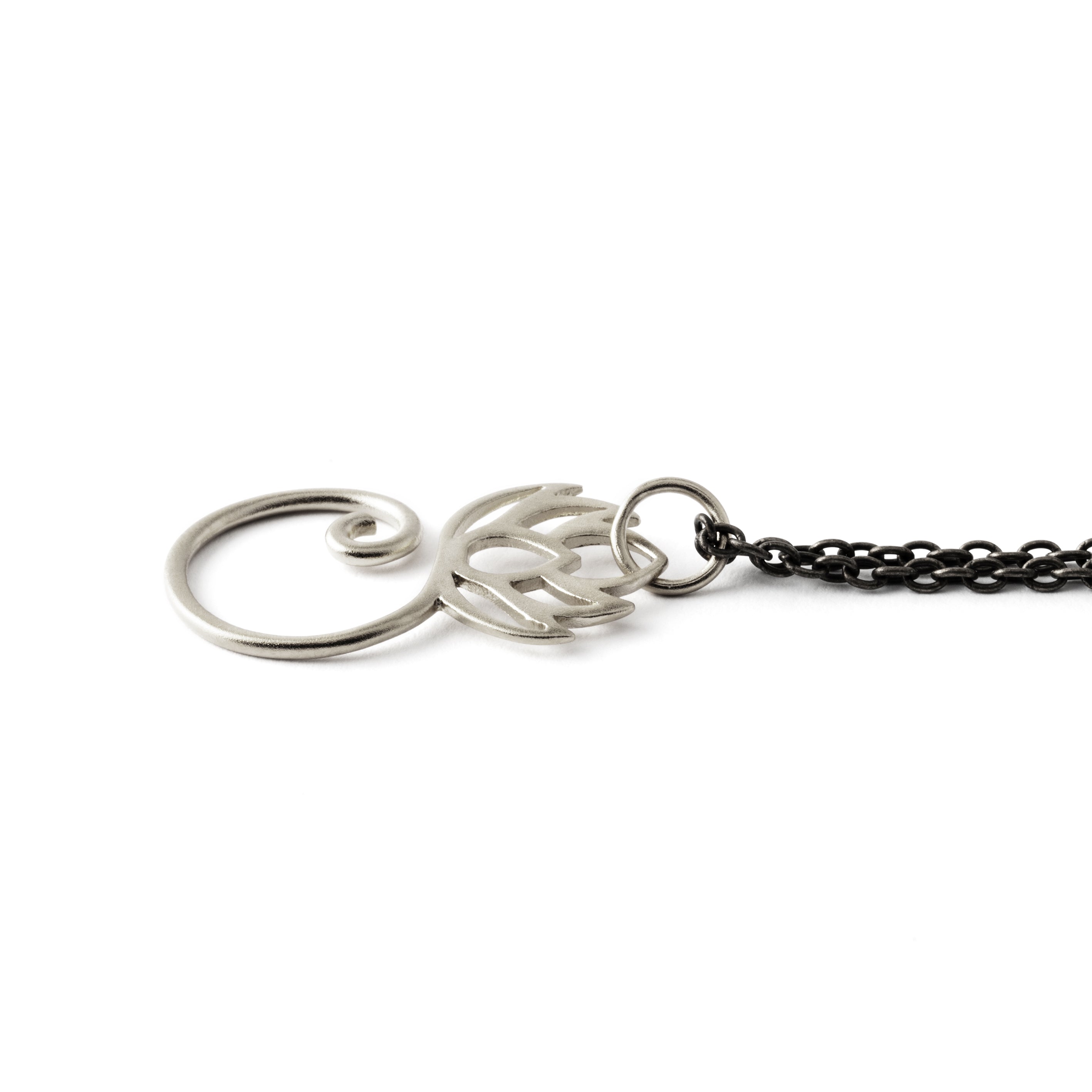 Spiralling Silver Lotus Charm necklace side view