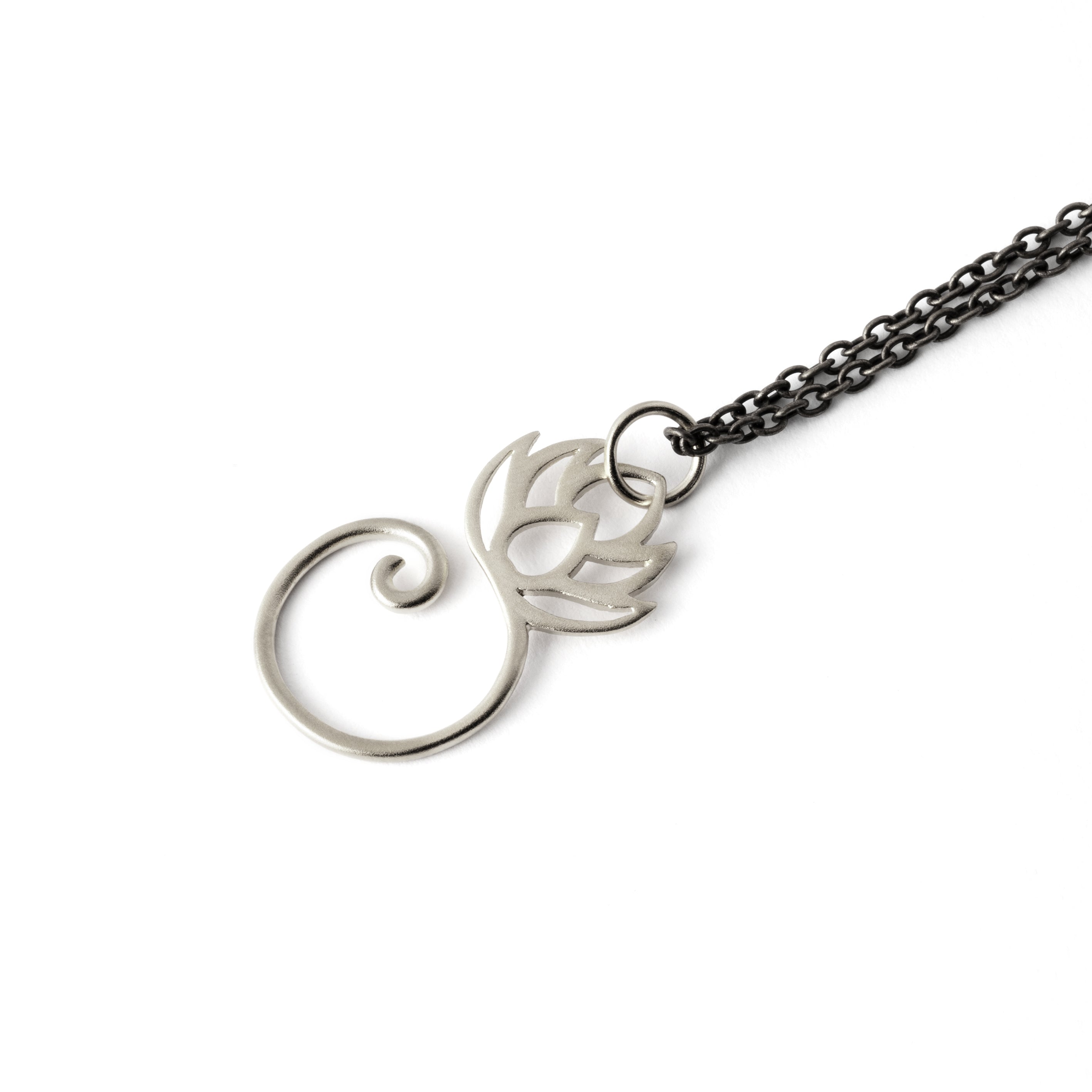 Spiralling Silver Lotus Charm necklace right side view