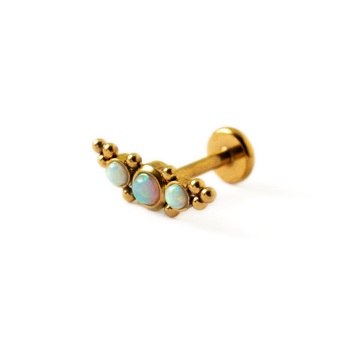 Deva Golden surgical steel internally threaded  labret with white Opal right side view