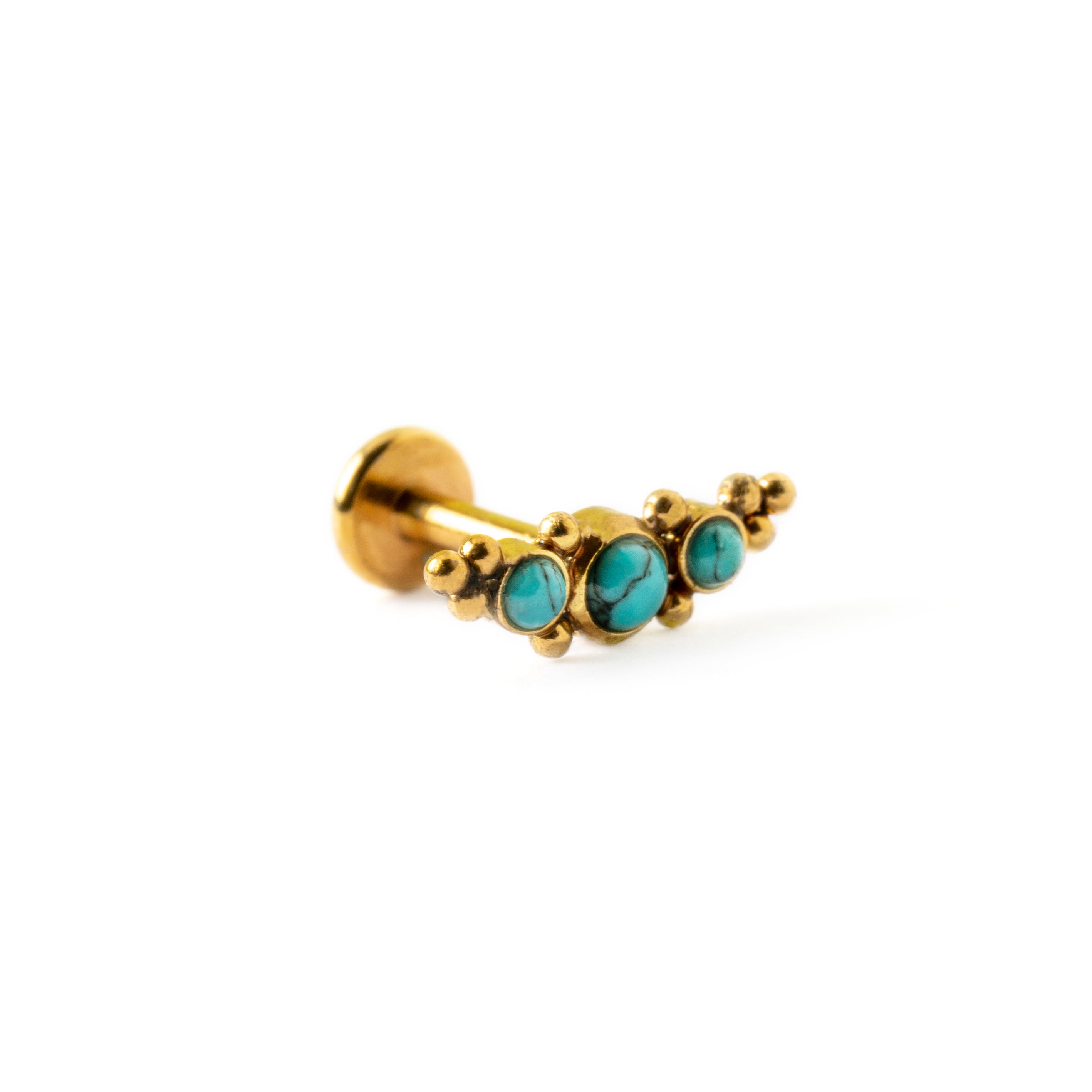 Deva Golden surgical steel internally threaded labret with Turquoise right side view