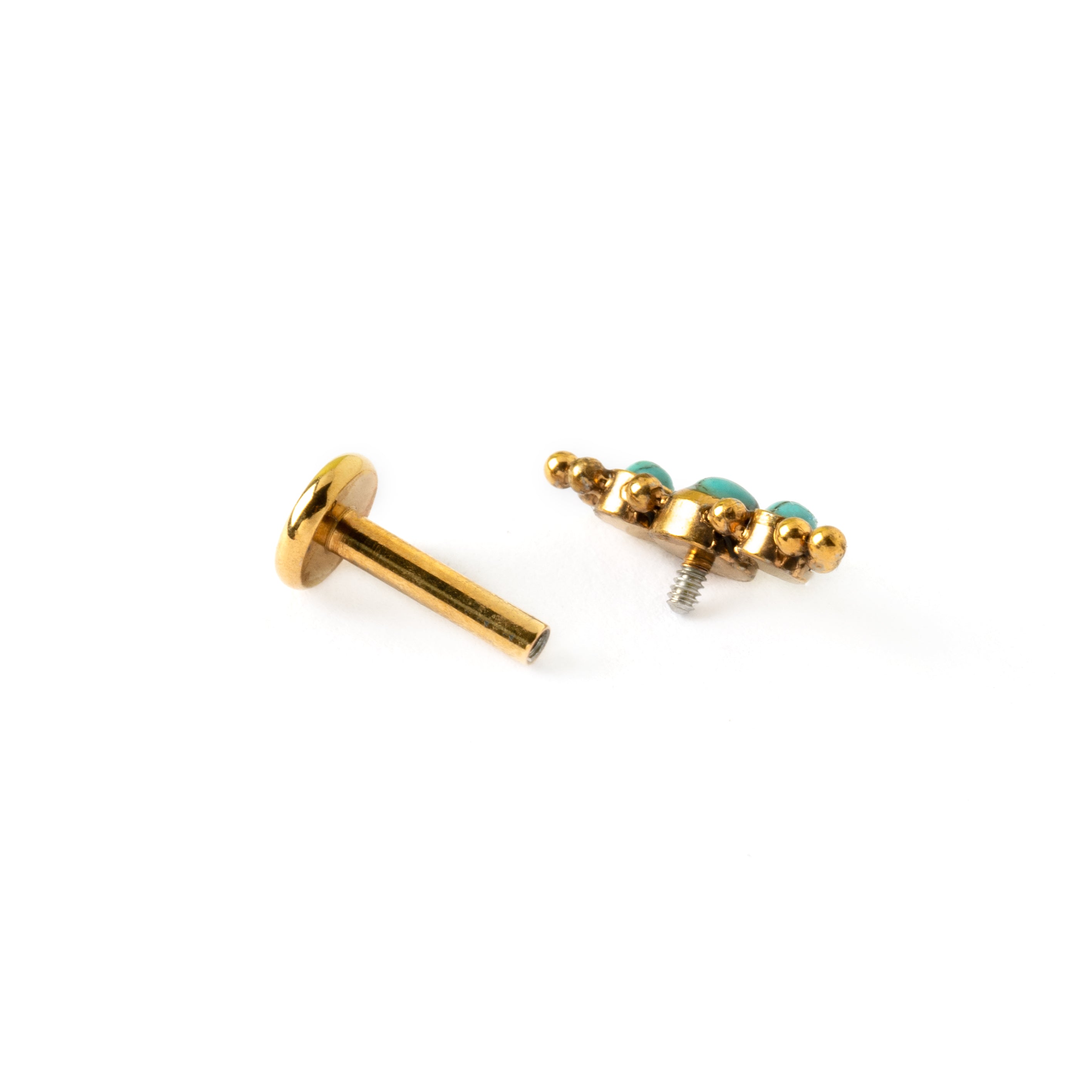 Deva Golden surgical steel internally threaded labret with Turquoise open mode view