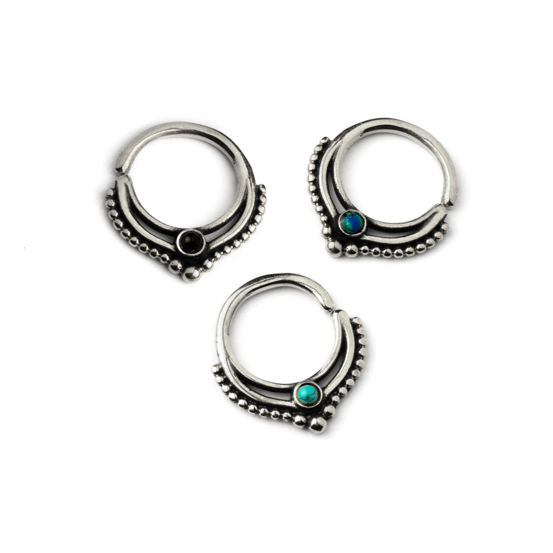 Sterling Silver teardrop Deva septum rings with Black Onyx, Turquoise, Opal frontal view