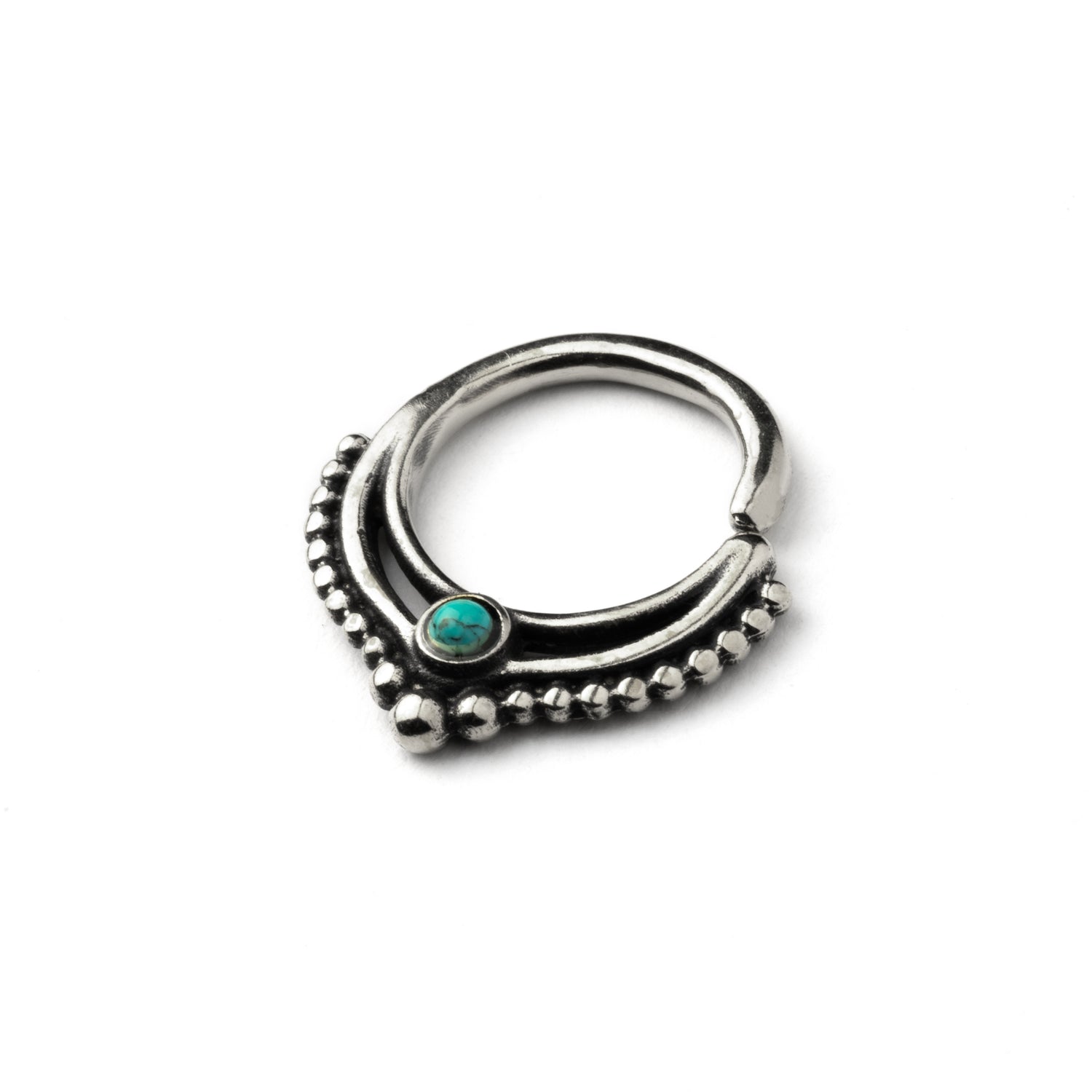 Sterling Silver teardrop Deva septum ring with Turquoise left side view