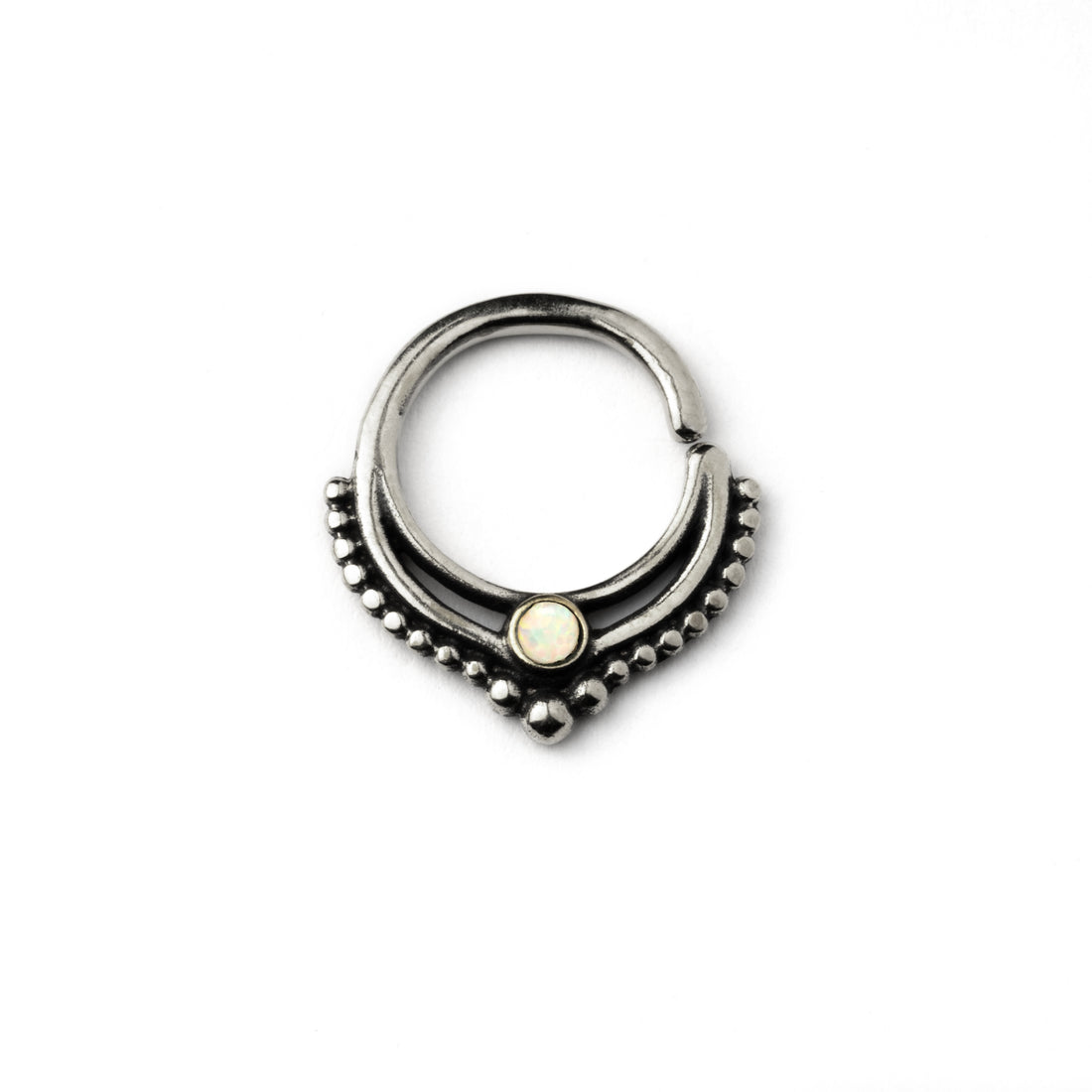 Sterling Silver teardrop Deva septum ring with white Opal frontal view
