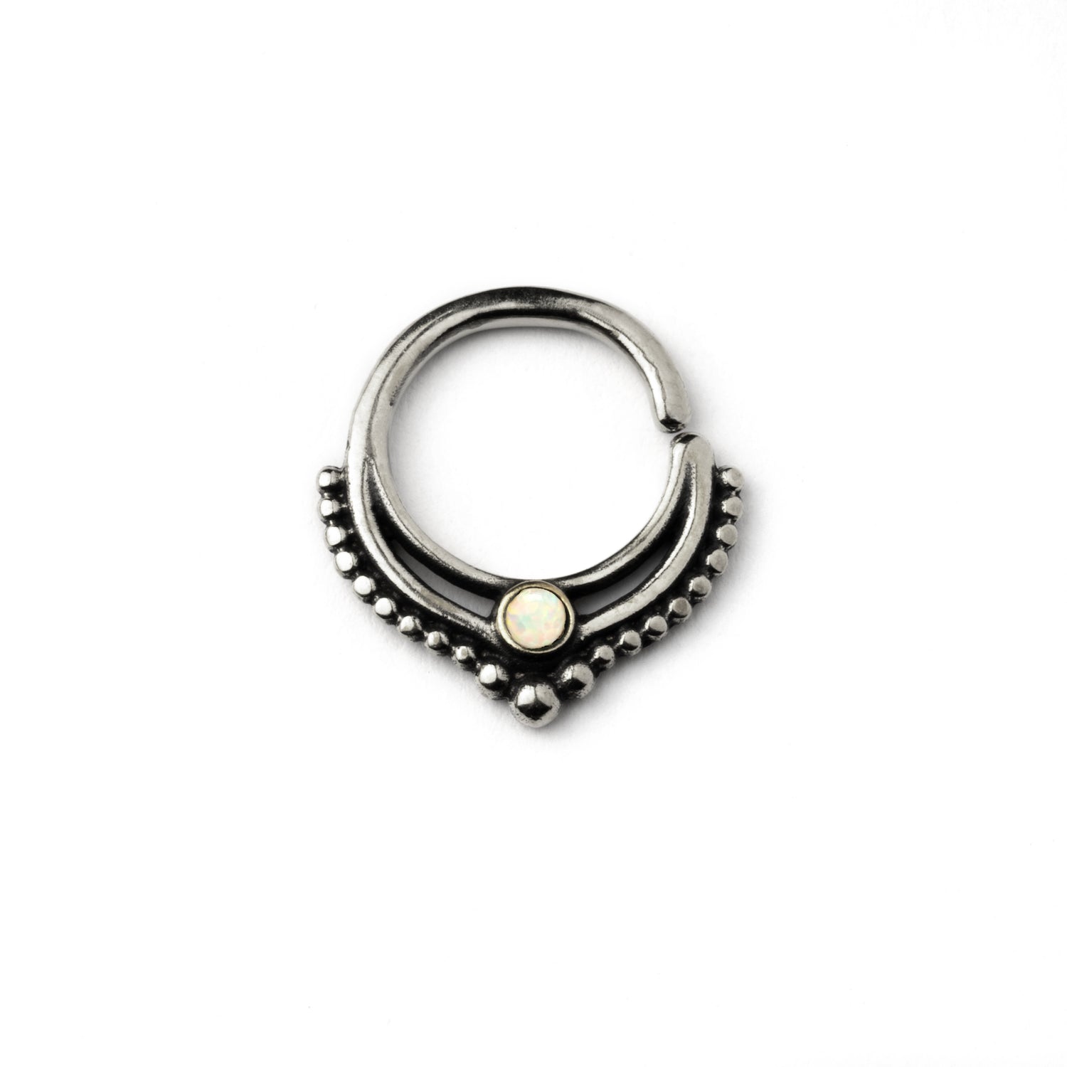 Sterling Silver teardrop Deva septum ring with white Opal frontal view