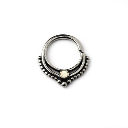 Sterling Silver teardrop Deva septum ring with white Opal frontal view