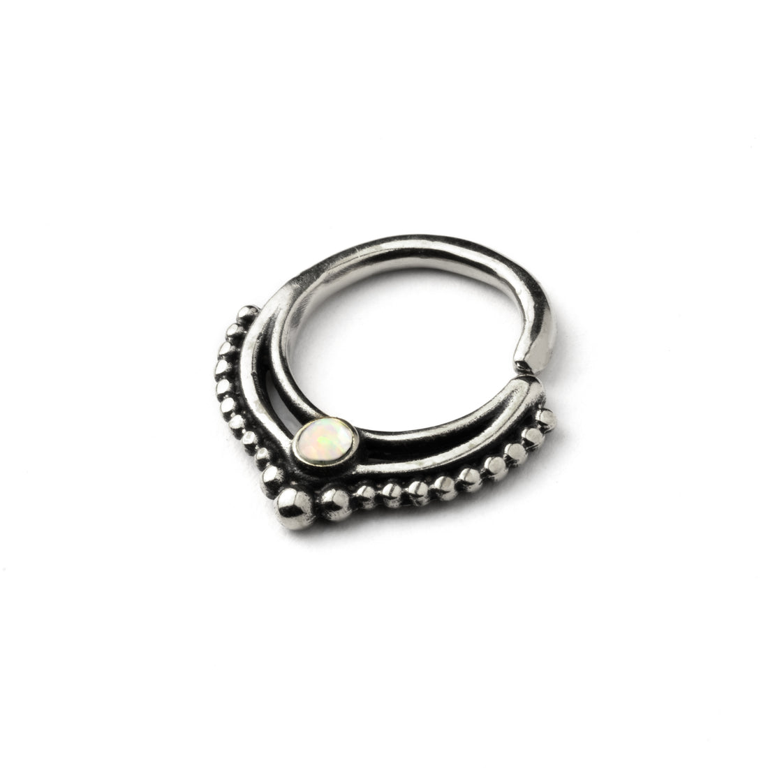 Sterling Silver teardrop Deva septum ring with white Opal right side view