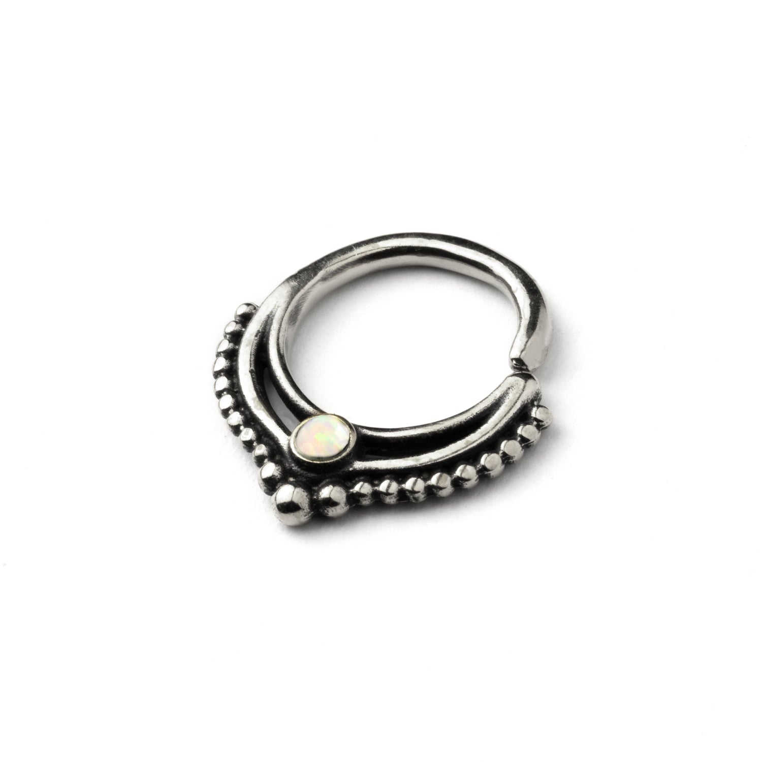 Sterling Silver teardrop Deva septum ring with white Opal right side view