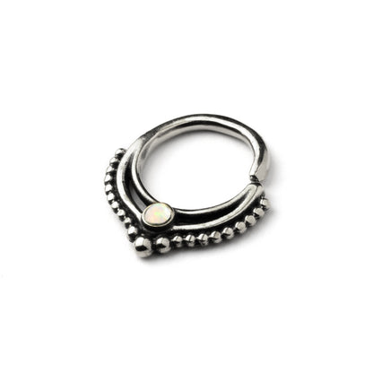 Sterling Silver teardrop Deva septum ring with white Opal right side view