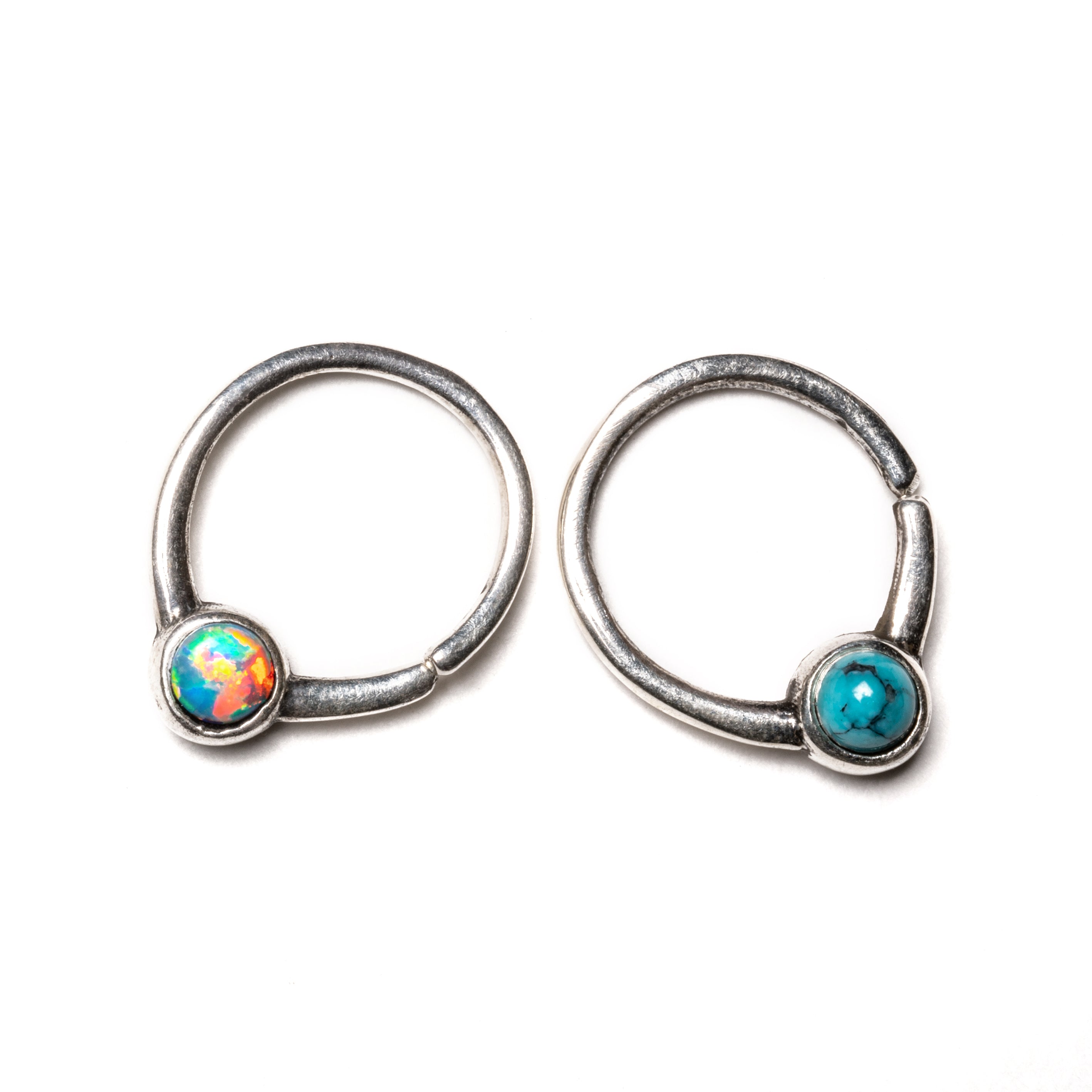 Devika silver septum rings with Turquoise, opal frontal view